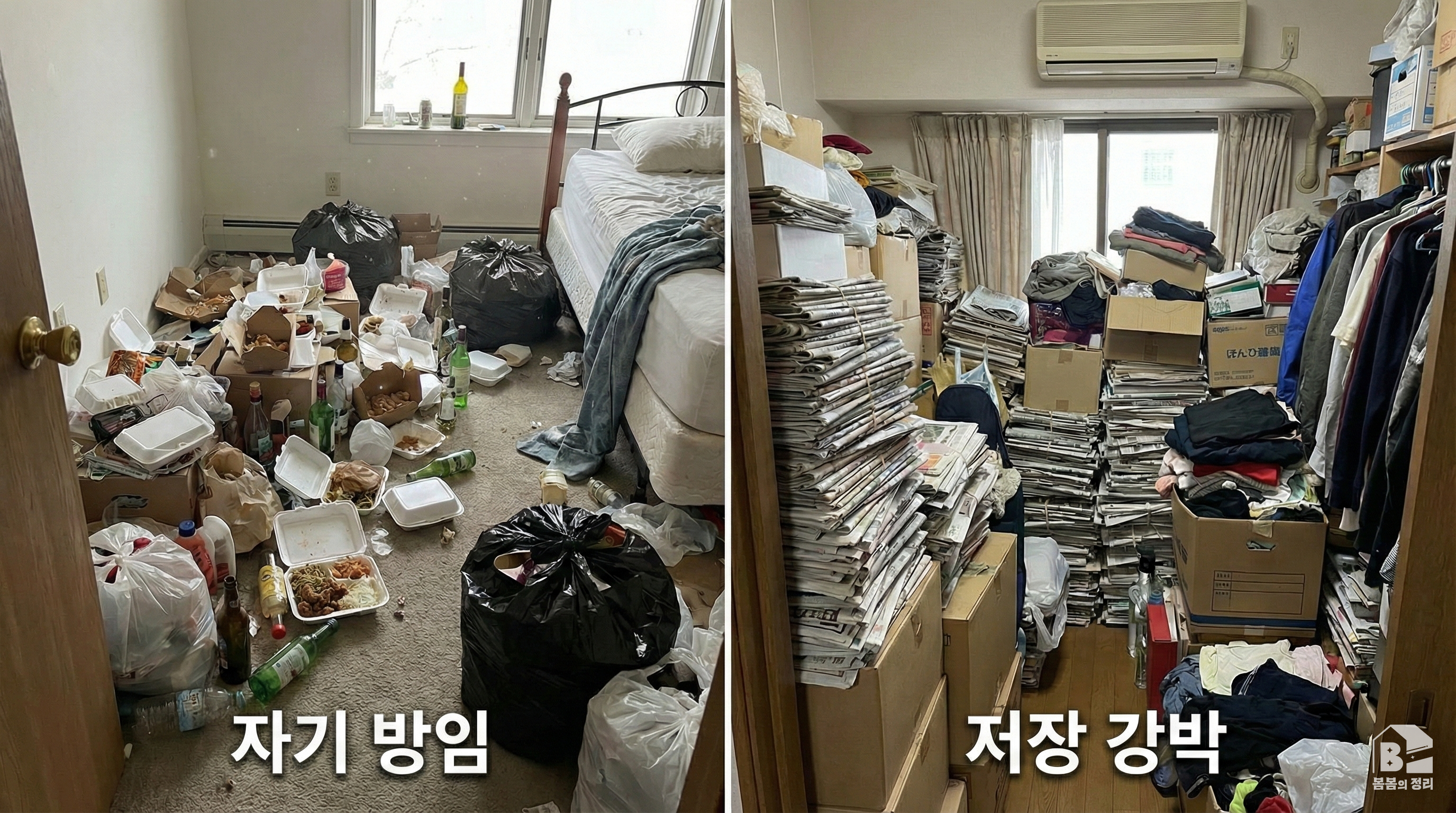 쓰레기집(자기 방임)과 저장강박의 상태를 비교하는 이미지