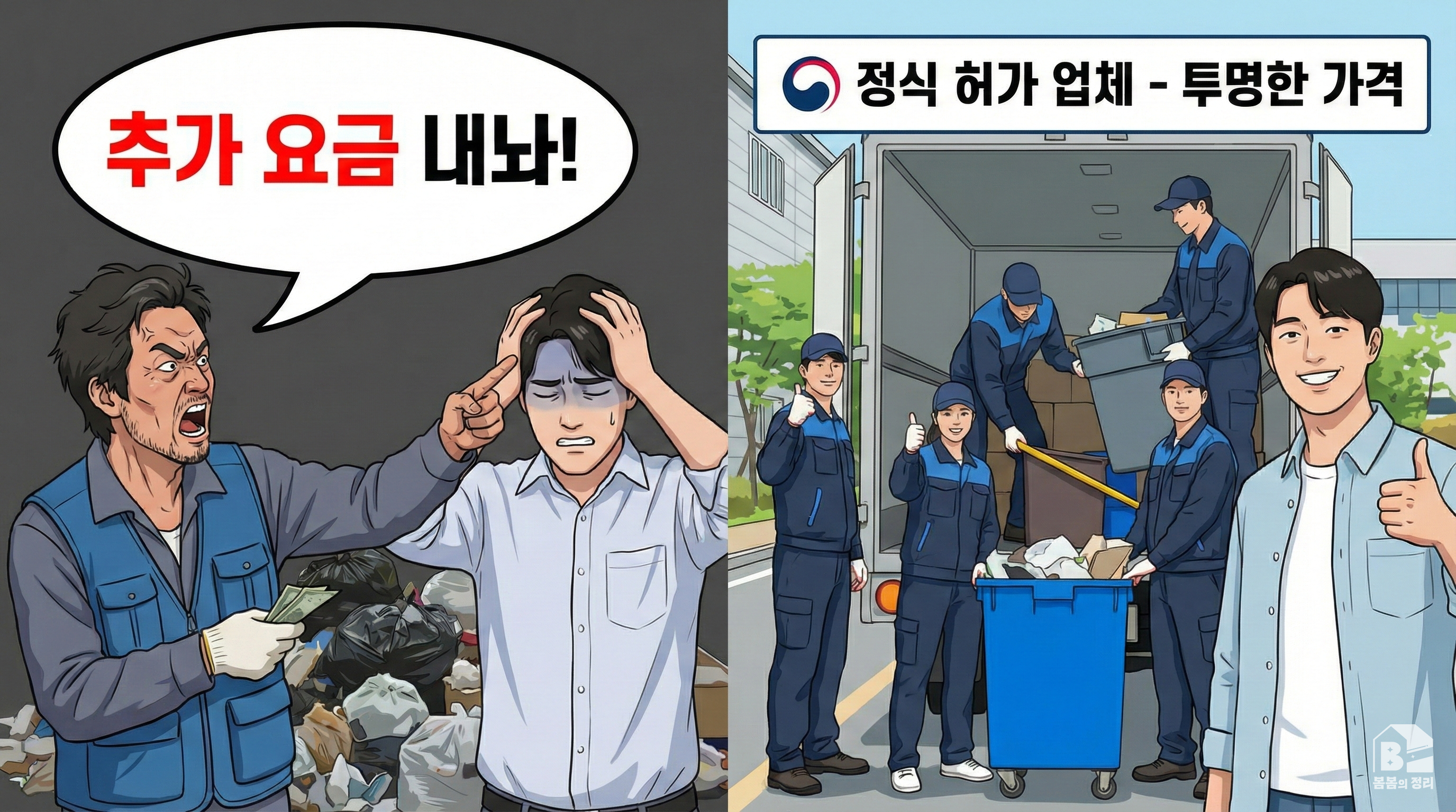 추가 요금을 요구하는 무허가 업체(왼쪽)와 투명한 가격으로 친절하게 일하는 정식 허가 업체(오른쪽) 비교 이미지