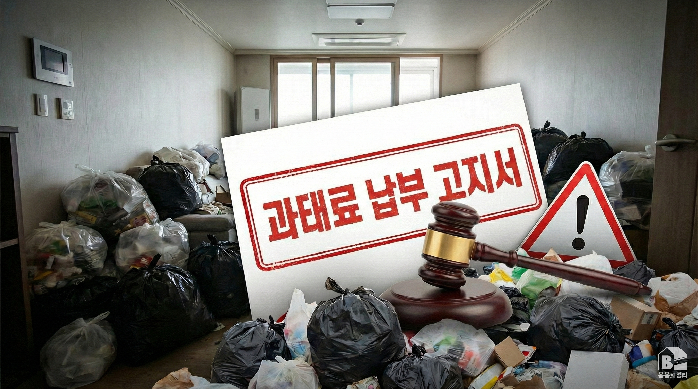 쓰레기가 가득 찬 방과 과태료 납부 고지서, 판사 망치, 돈뭉치 이미지 - 무허가 업체 이용 시 법적 처벌과 금전적 손실 경고