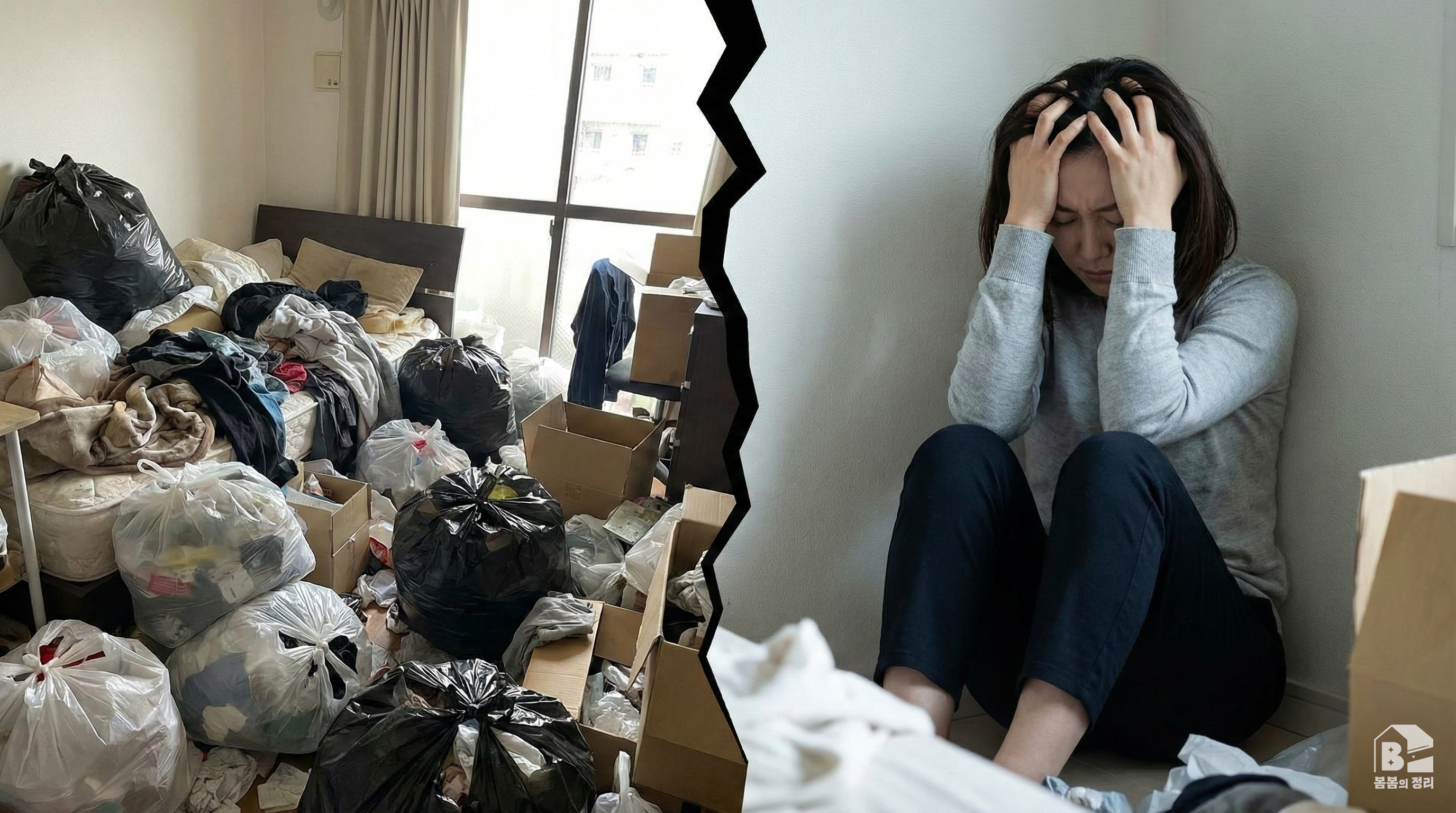 쓰레기집과 우울증의 관계를 보여주는 분할 이미지, 한쪽은 쓰레기가 가득 찬 방, 다른 한쪽은 스트레스 받는 사람