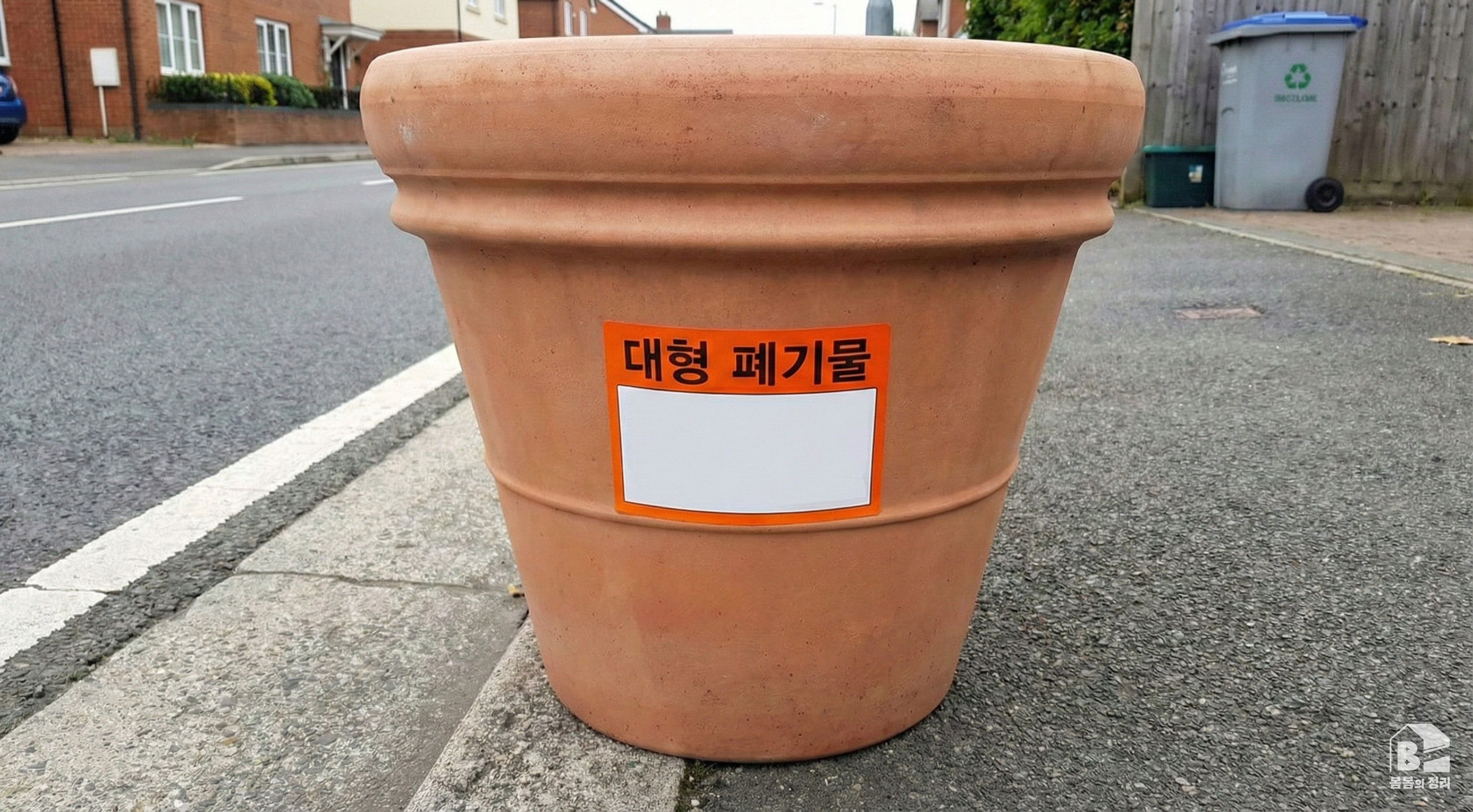 대형 폐기물 스티커가 부착된 큰 도자기 화분
