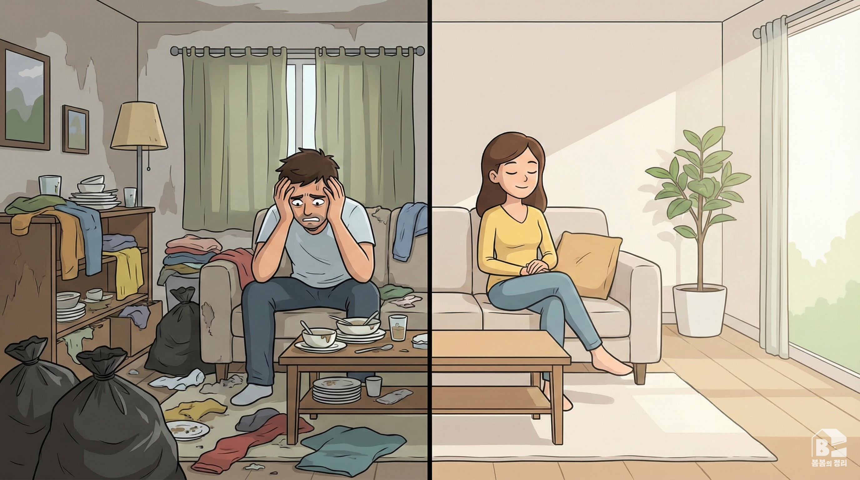 쓰레기집 심리 비교 사진, 왼쪽은 쓰레기로 가득 찬 더러운 집에서 스트레스 받는 사람, 오른쪽은 정돈된 깨끗한 집에서 평온한 사람의 모습
