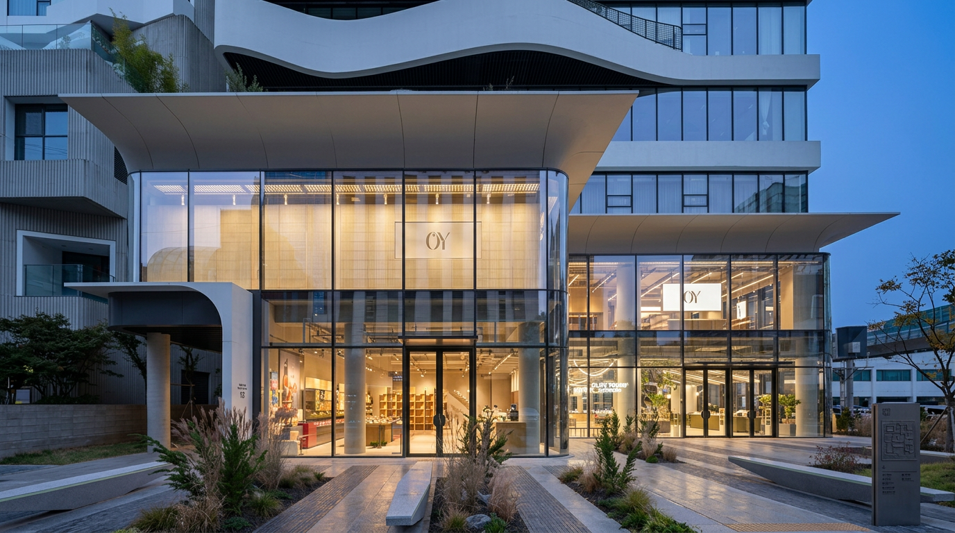 Olive Young Seongsu — flagship storefront at blue hour