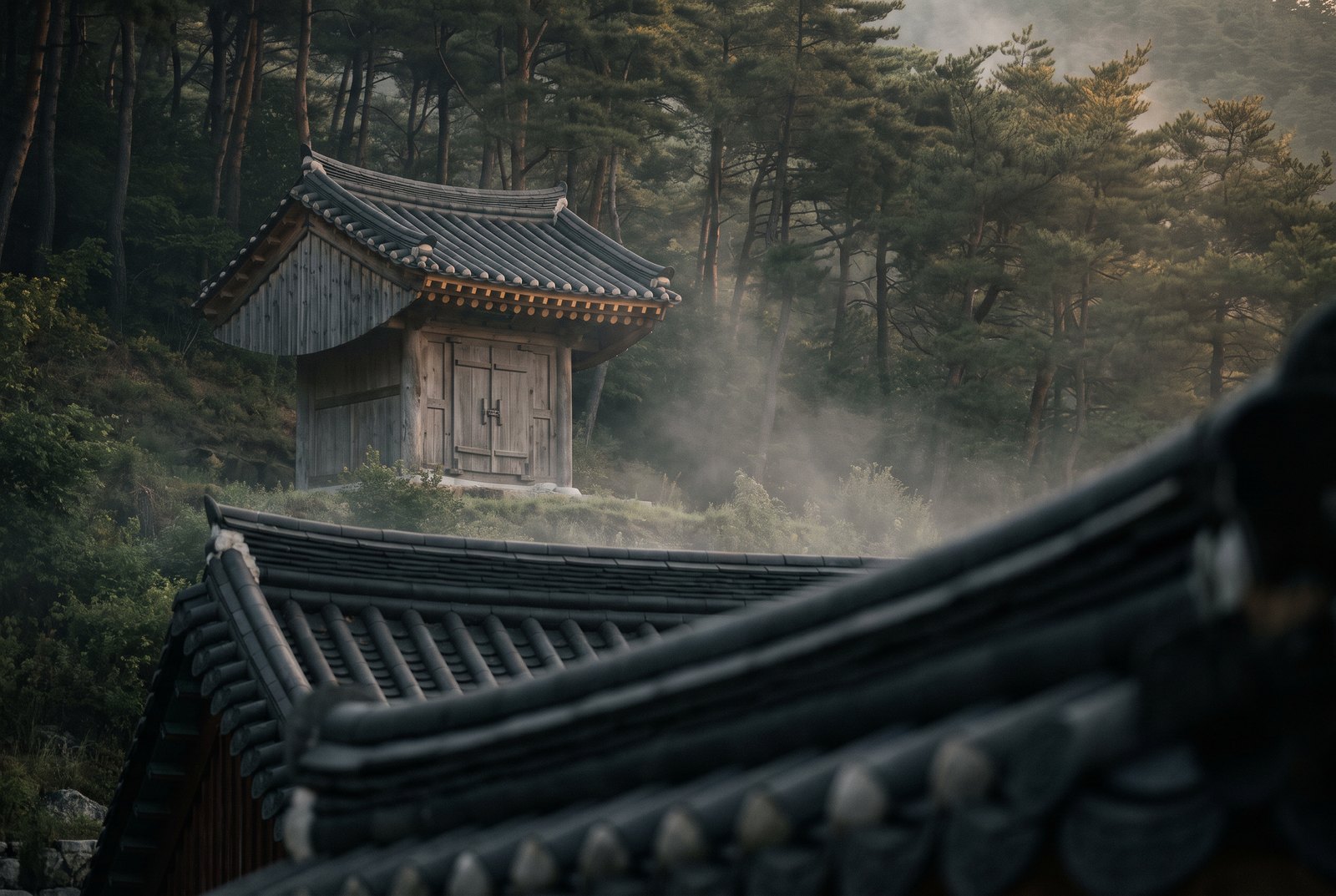 sanshin-gak — mountain spirit shrine on the hillside behind a Korean temple hall