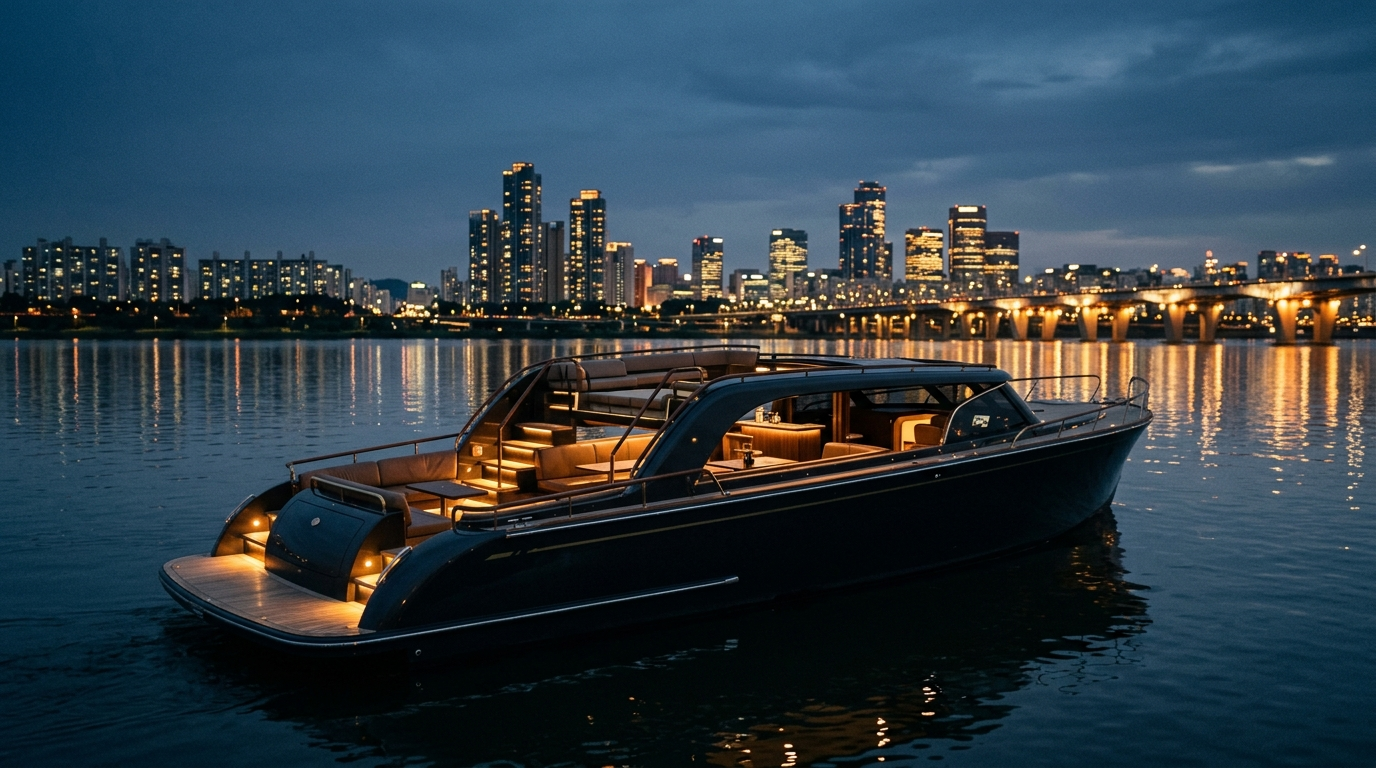 Limousine boat for a private Han River yacht charter in Seoul with divided decks for up to eleven guests