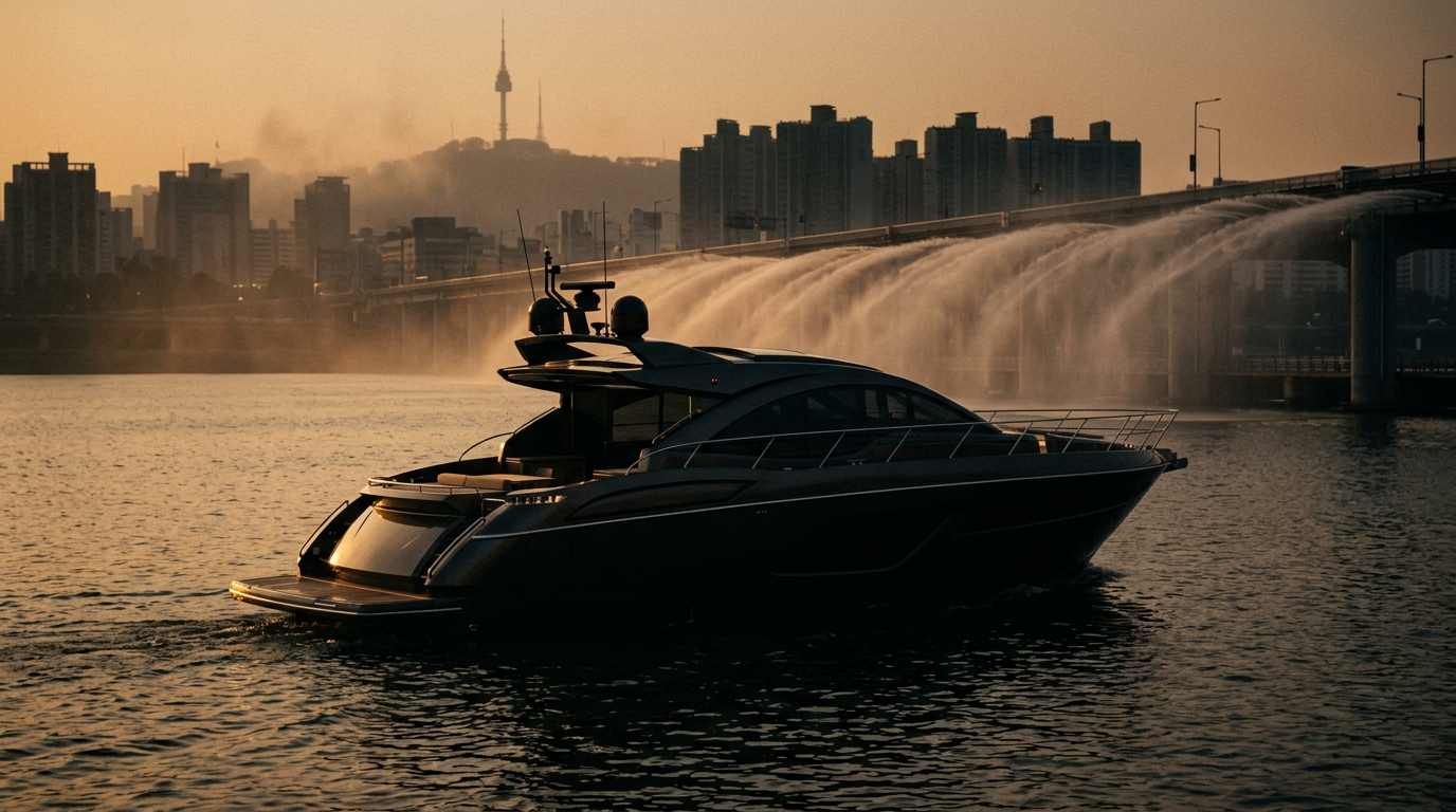 Private yacht for a Han River charter in Seoul at golden hour, departing from Golden Blue Marina