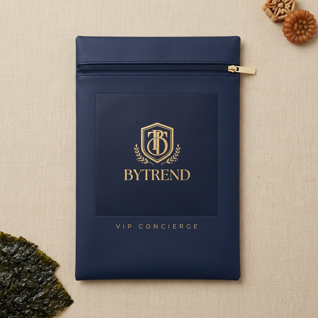 BYTREND signature slim pouch — matte navy with gold emblem for K-Food gift curation