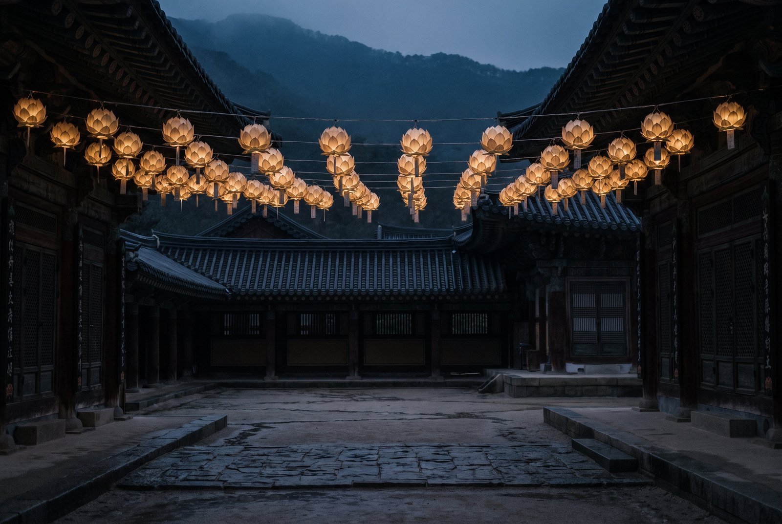 Korea multireligious culture — lotus lanterns at a temple at dusk