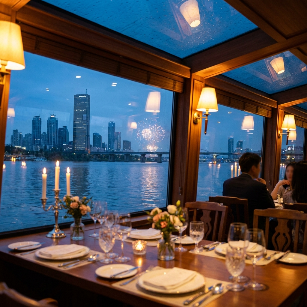 A dinner service on board a river cruise vessel on the Han River in Seoul