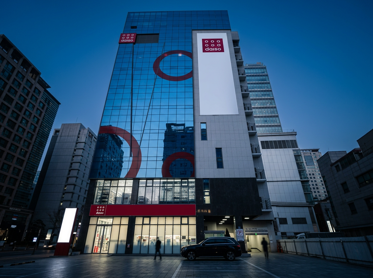 Daiso Hongdae — multi-floor glass tower landmark at blue hour