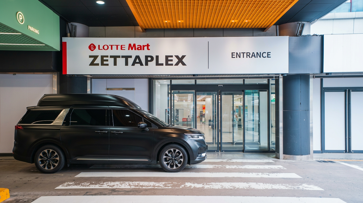 Lotte Mart Zettaplex entrance — daylight pickup beneath the signature yellow LED ceiling
