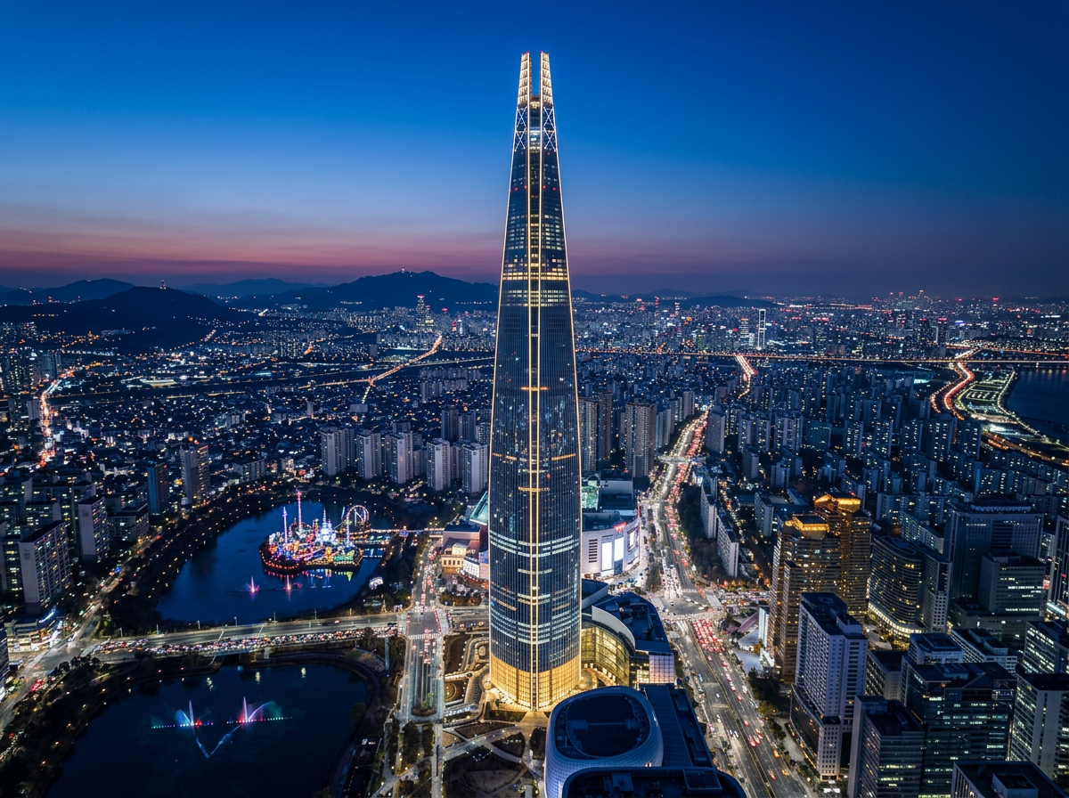 Lotte World Tower 蚕室(チャムシル) — VIPコンシェルジュアンカーを配したブルーアワーの外観