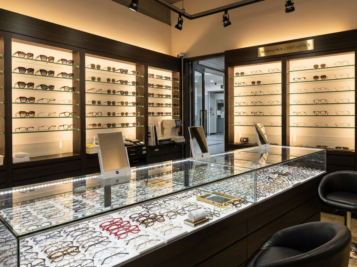 Namdaemun eyewear showroom — eyewear wall and craft bench at blue hour