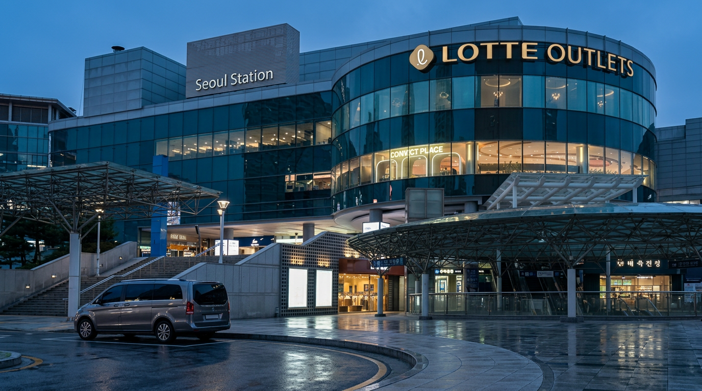 Lotte Mart Zettaplex Seoul Station — K-Food consolidation hub at blue hour