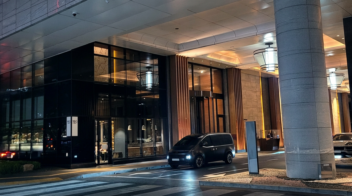 Conrad Seoul Hotel フロントキャノピー — ブルーアワーのVIPコンシェルジュ車両ピックアップ