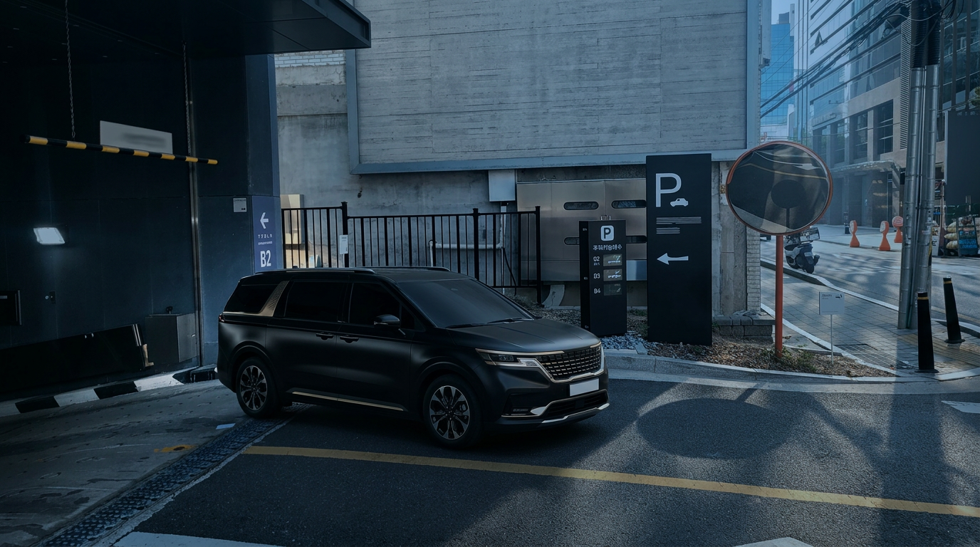 Seongsu Factory underground parking — VIP concierge vehicle pickup at blue hour