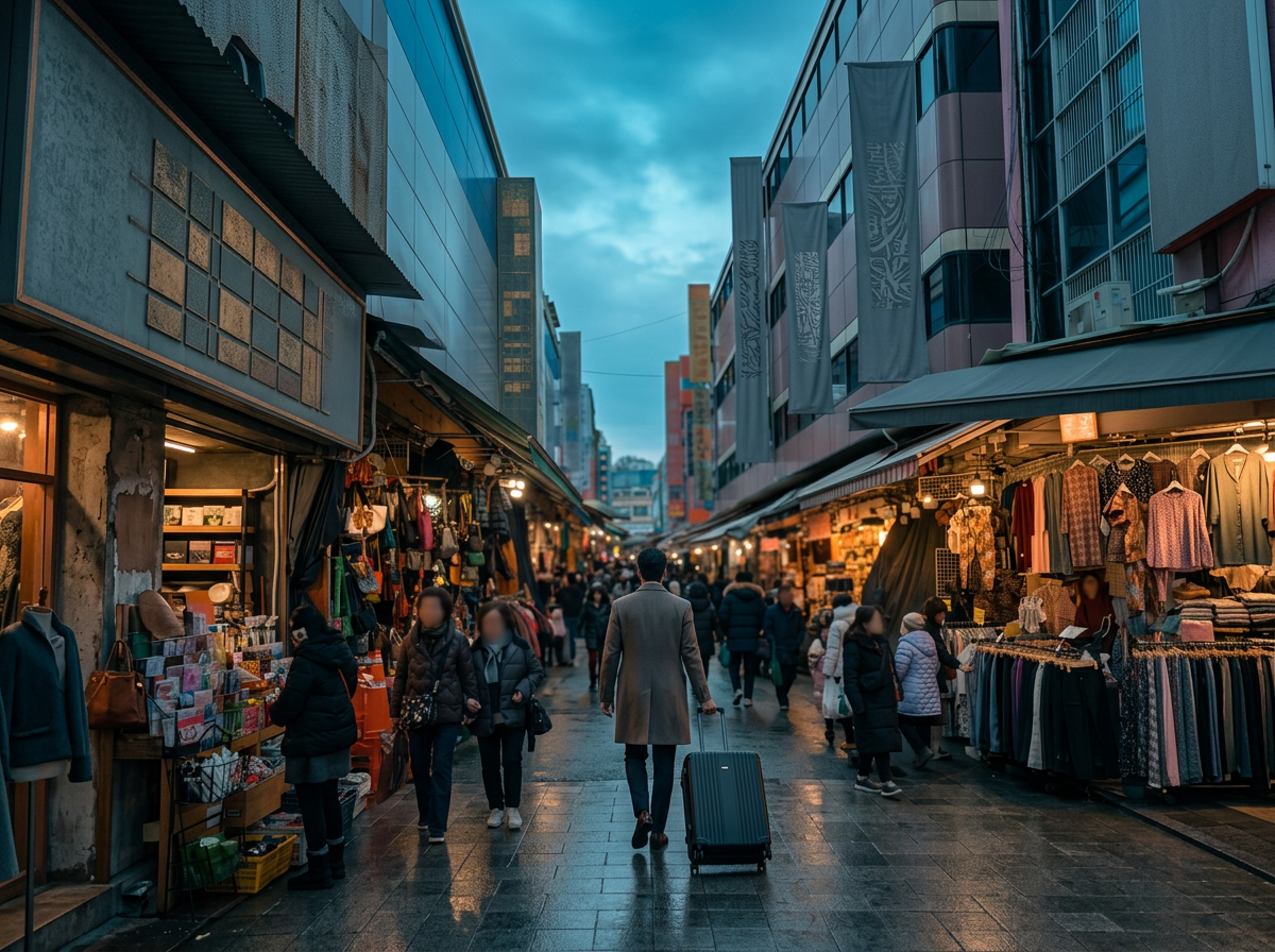 Namdaemun market alley — VIP concierge arrival at blue hour