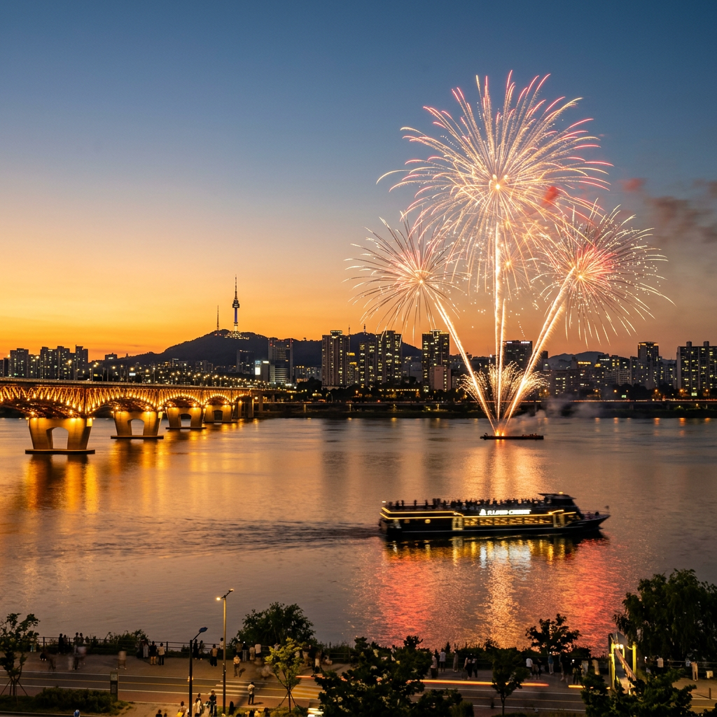 A river cruise on the Han River in Seoul beneath evening fireworks