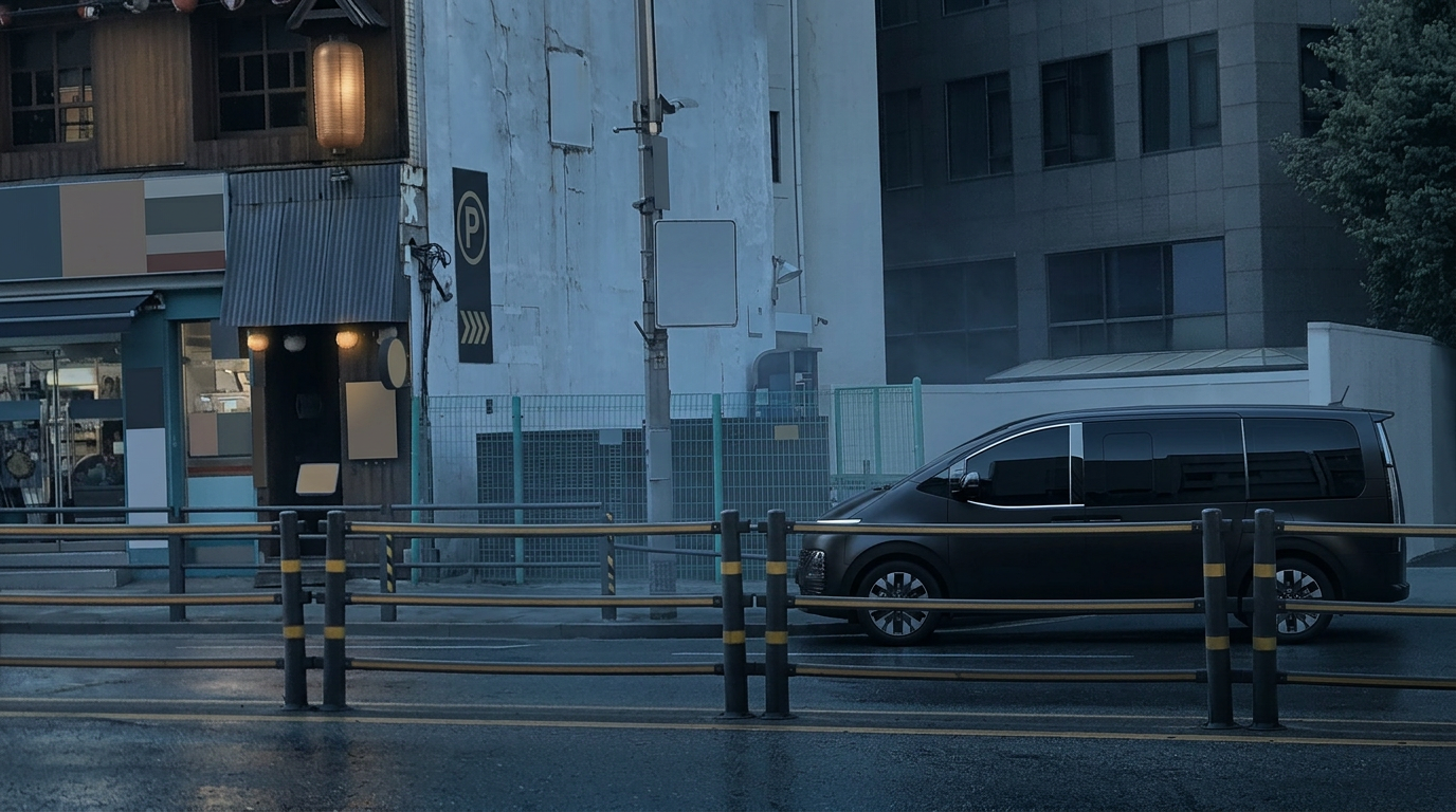 Namdaemun Market GS25 side lot — VIP concierge vehicle pickup at blue hour