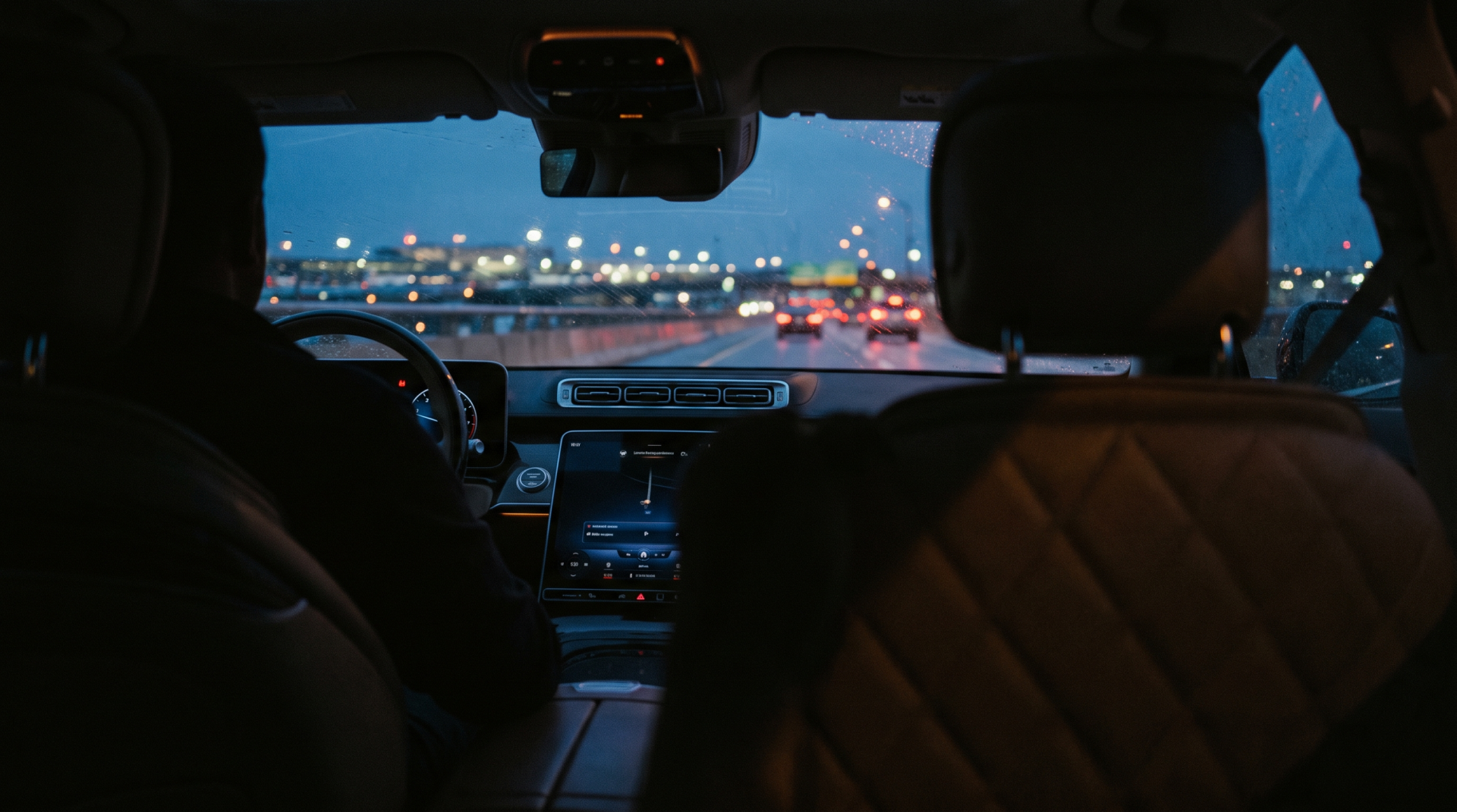The road to Incheon at dusk, seen from the rear of a chauffeured car