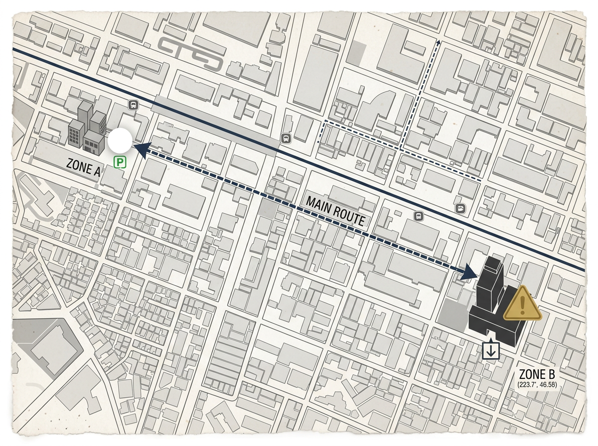 Seongsu pickup route map — Zone A: Sinseong Building surface lot (detour pickup), Zone B: Seongsu Factory underground B2-B4 with 2.2m height limit warning