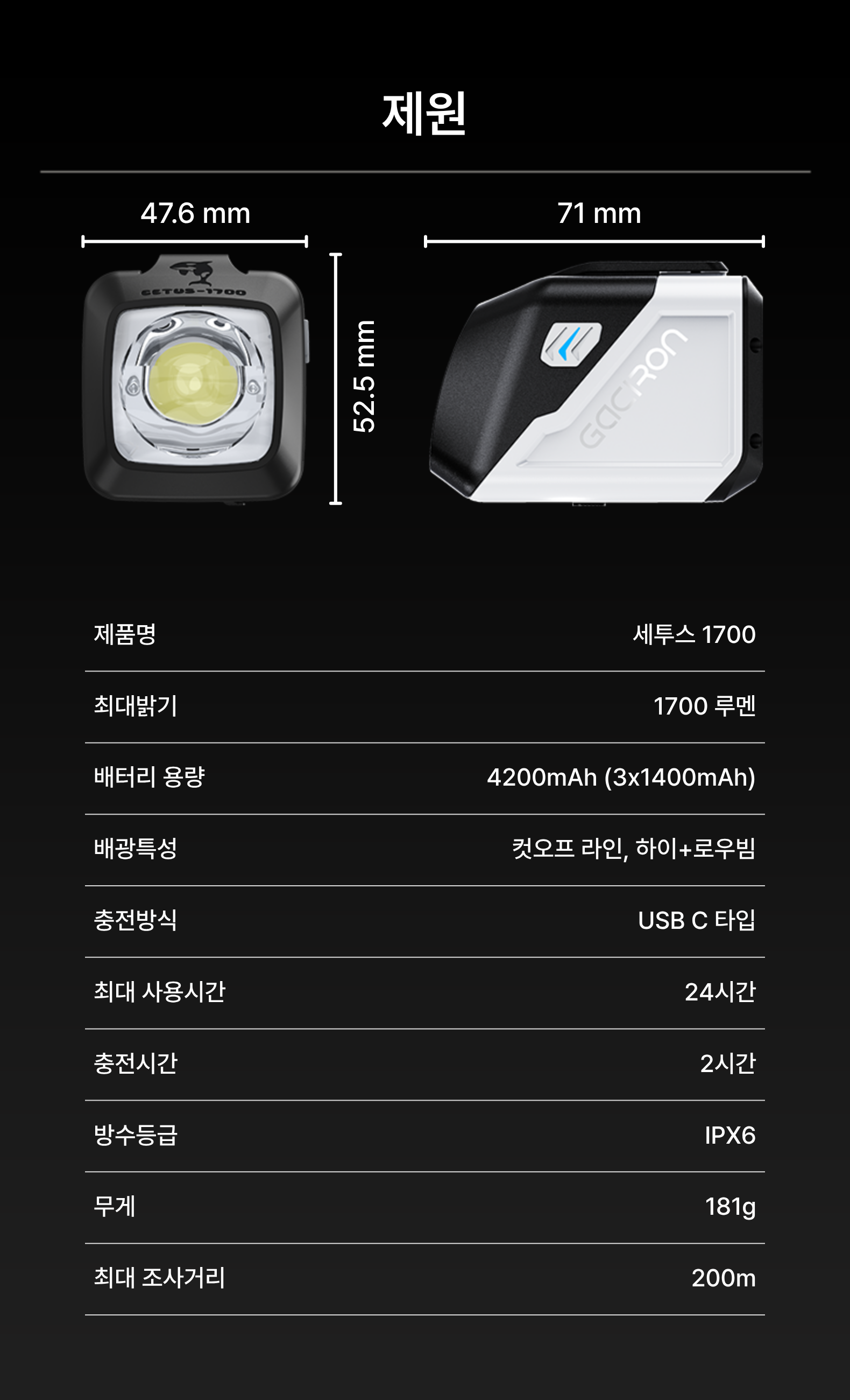 가시론 세투스 1700 자전거 라이트