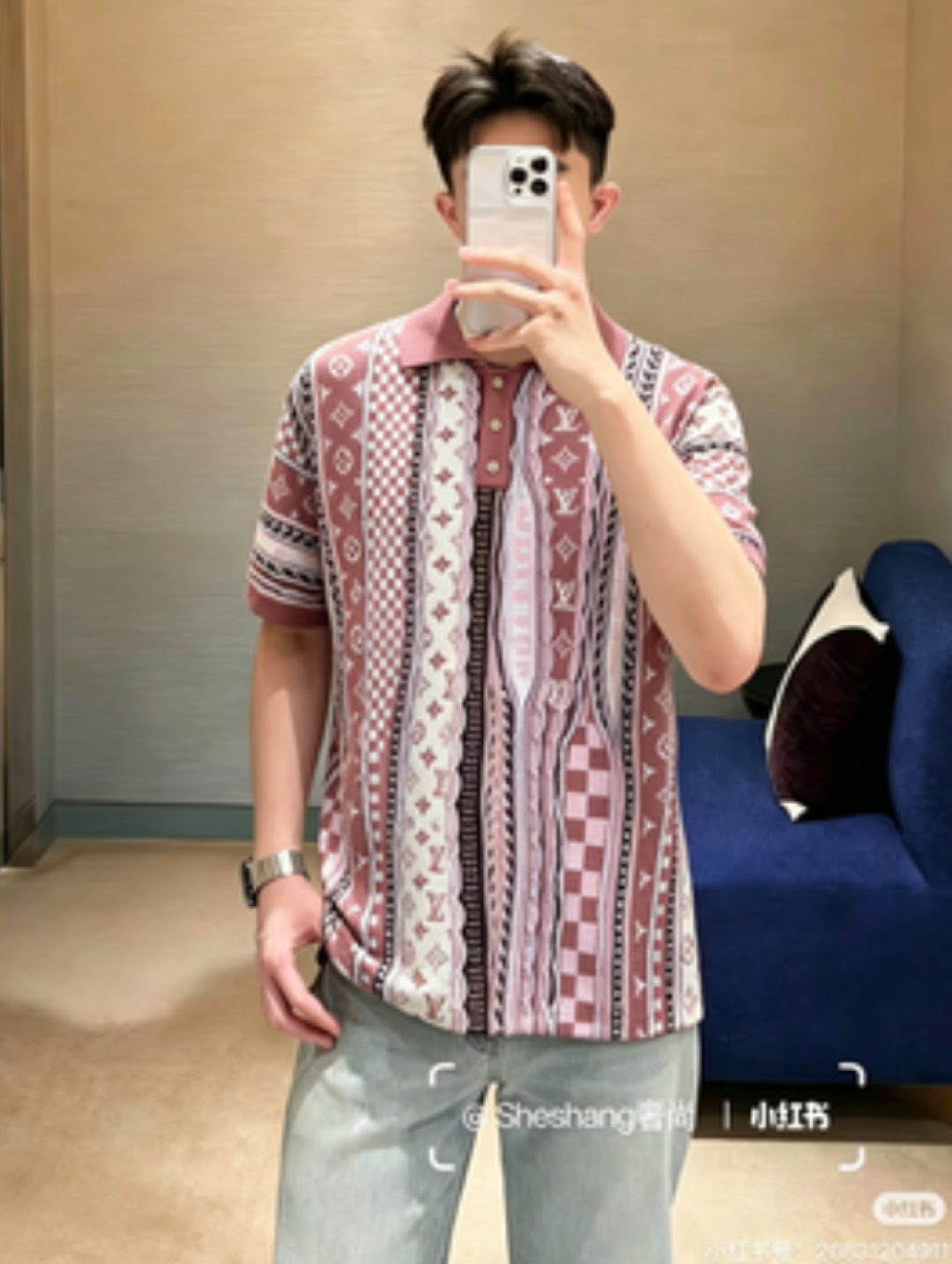 루이비통 맨즈 자카드 피케이 반팔 니트