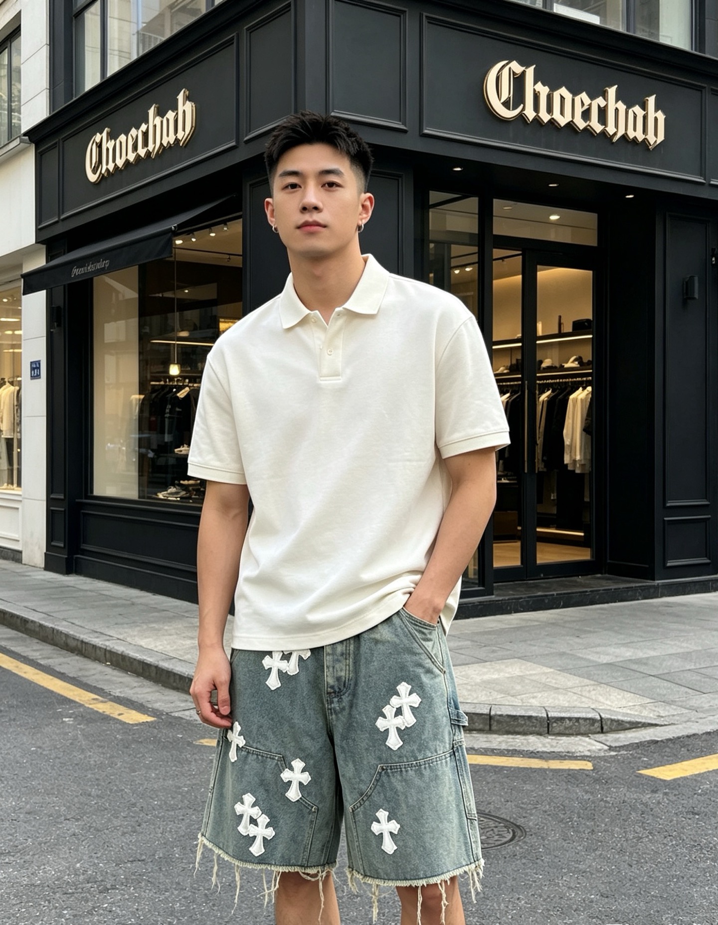 크롬하츠 맨즈 패치 카고 데님 숏팬츠