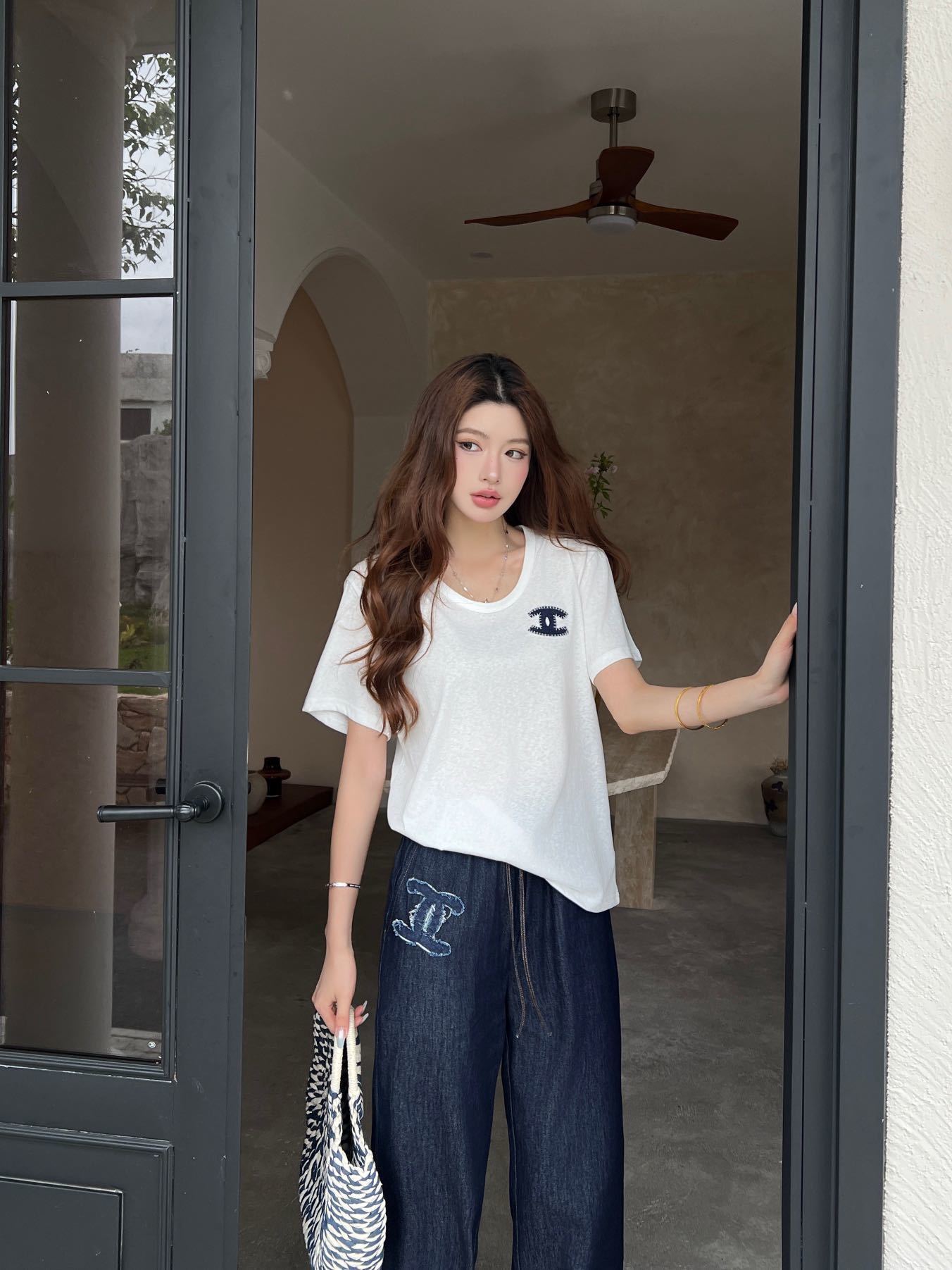 샤넬 로고 데님 청바지 팬츠