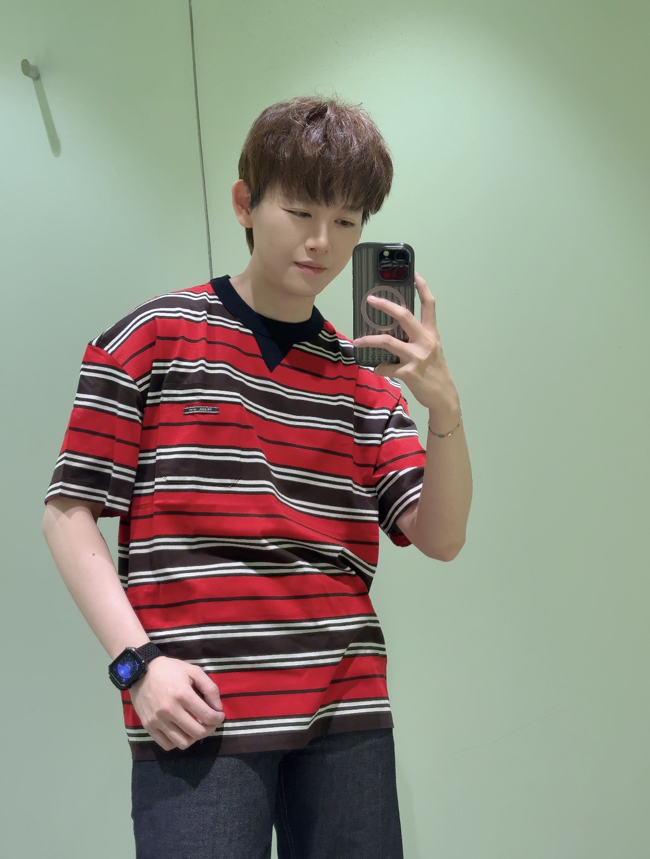 프라다 맨즈 남여공용 스트라이프 반팔티