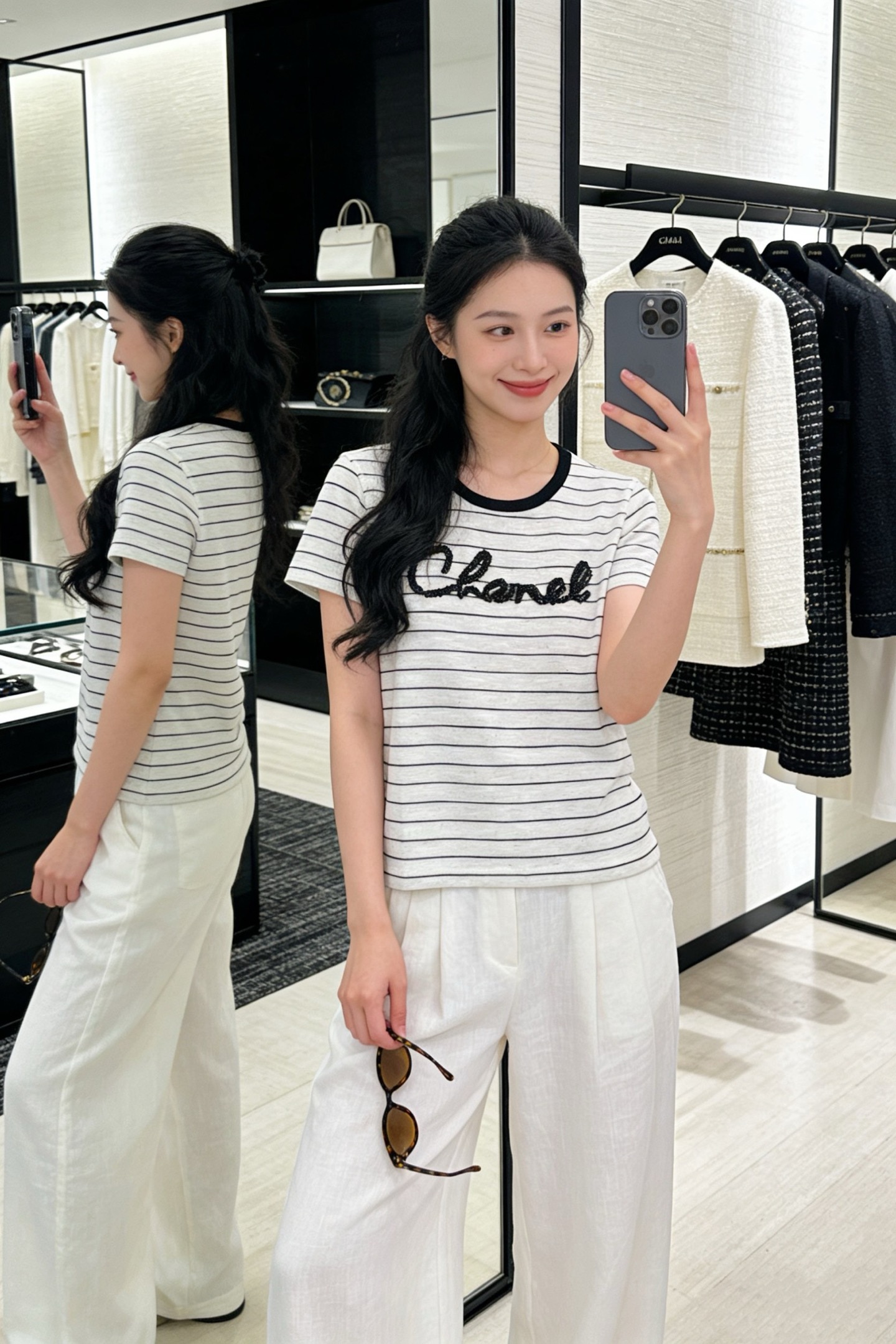 샤넬 스트라이프 반팔 티셔츠