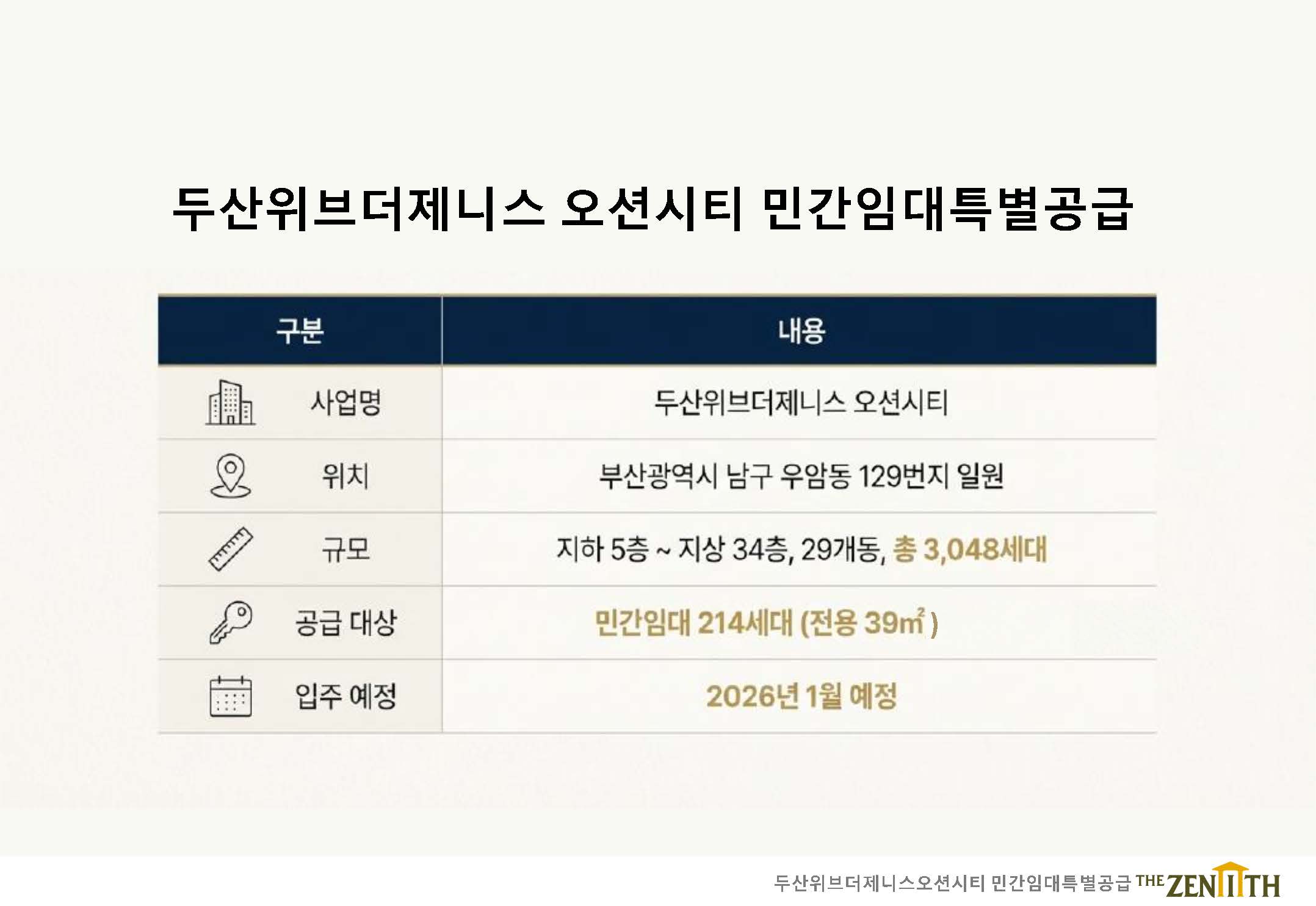 우암동 두산위브더제니스 오션시티 임대동  공급개요 안내