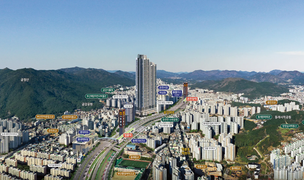 명륜역 해링턴플레이스 단지 조감도, 주변 도로 및 역세권 접근 동선이 보이는 구성