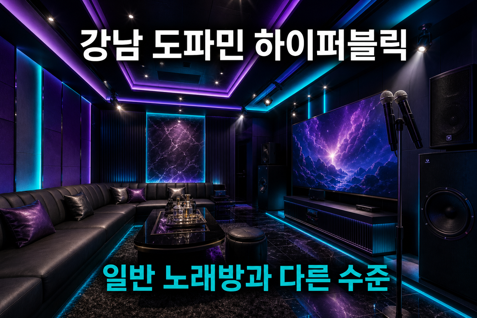 강남 도파민 하이퍼블릭 가라오케 룸 내부 고급 음향 장비와 몰입형 인테리어