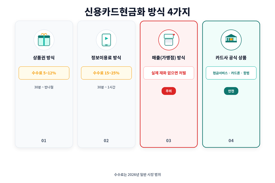 신용카드 현금화 방식 4가지 비교: 상품권·정보이용료·매출·카드사 공식 상품