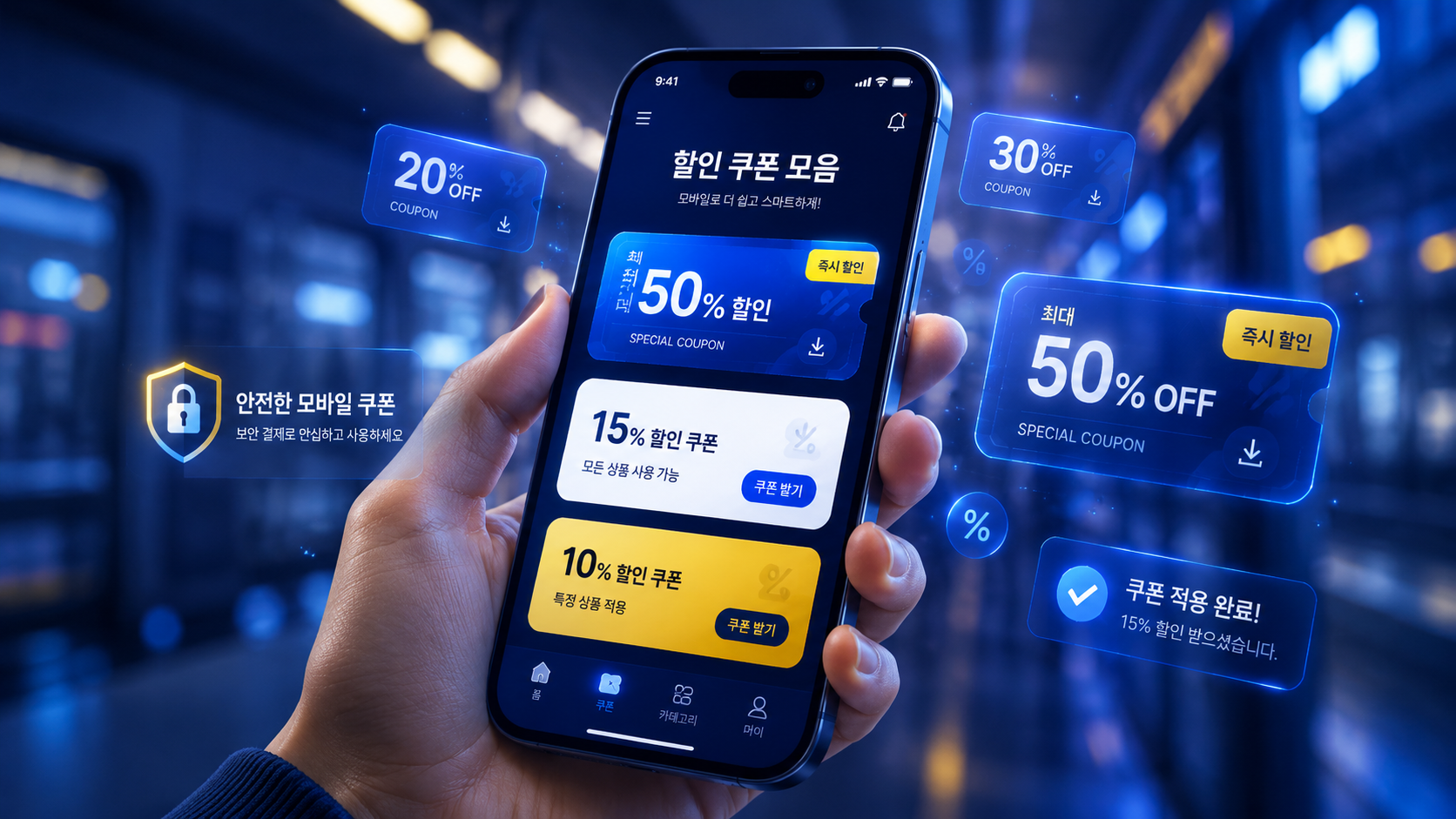 이동 중인 자동차 안에서 완벽하게 보호된 5G 스마트폰을 들고 있는 손과 암호화 자물쇠 그래픽