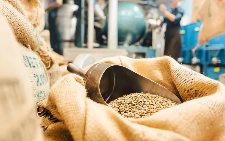 Bags of coffee in roastery or wholesale storage.