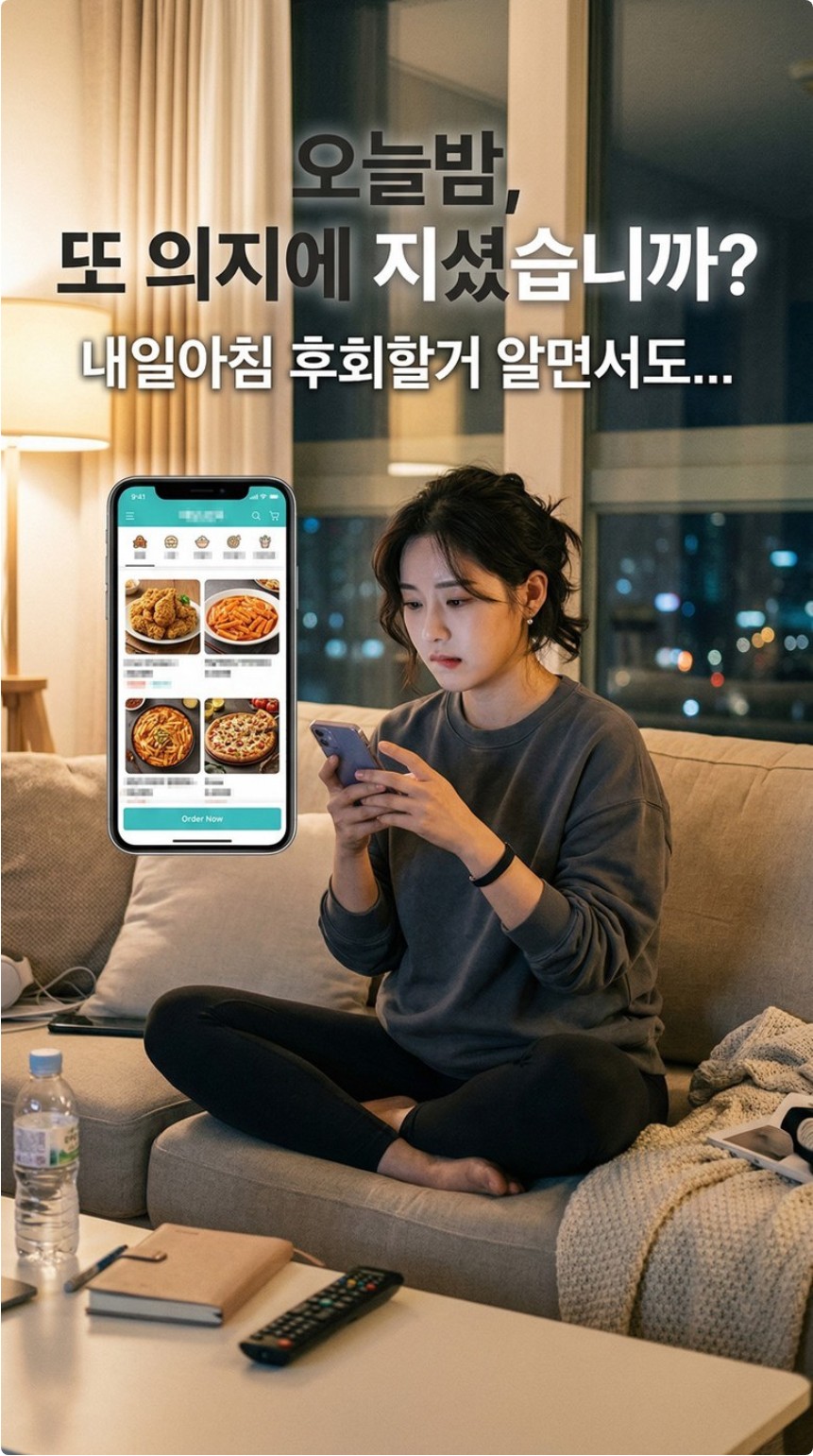 야식 앞에서 고민하는 다이어터의 모습