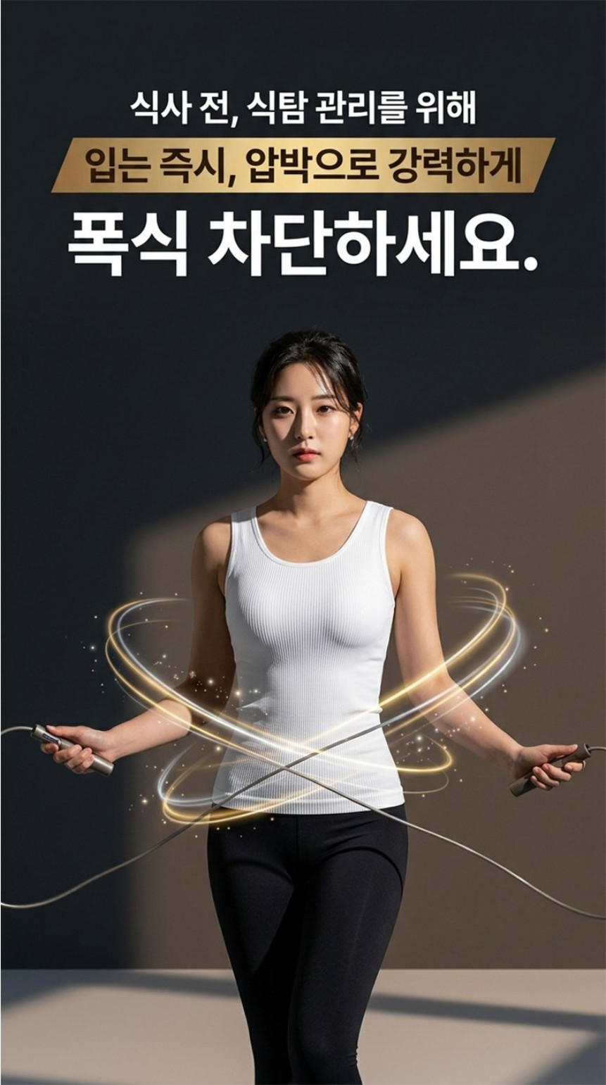 식사 전 네오바디 착용을 권장하는 모델 포즈