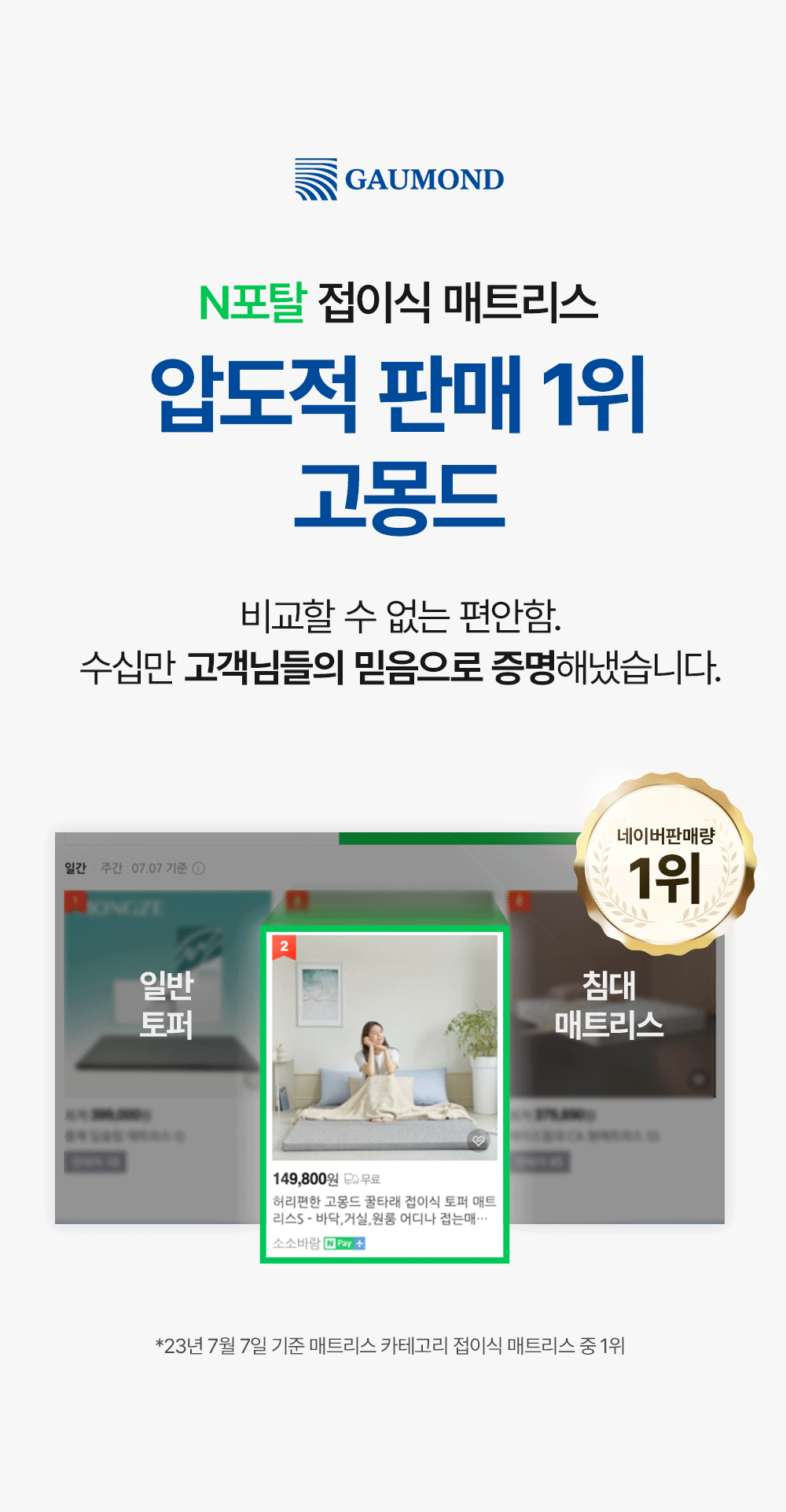 [159차완판] 고몽드 일체형 매트리스 (하이퍼스트링 신소재, 탄탄, 허리편해요, 시원, 물세척OK, 본드NO, 국산)