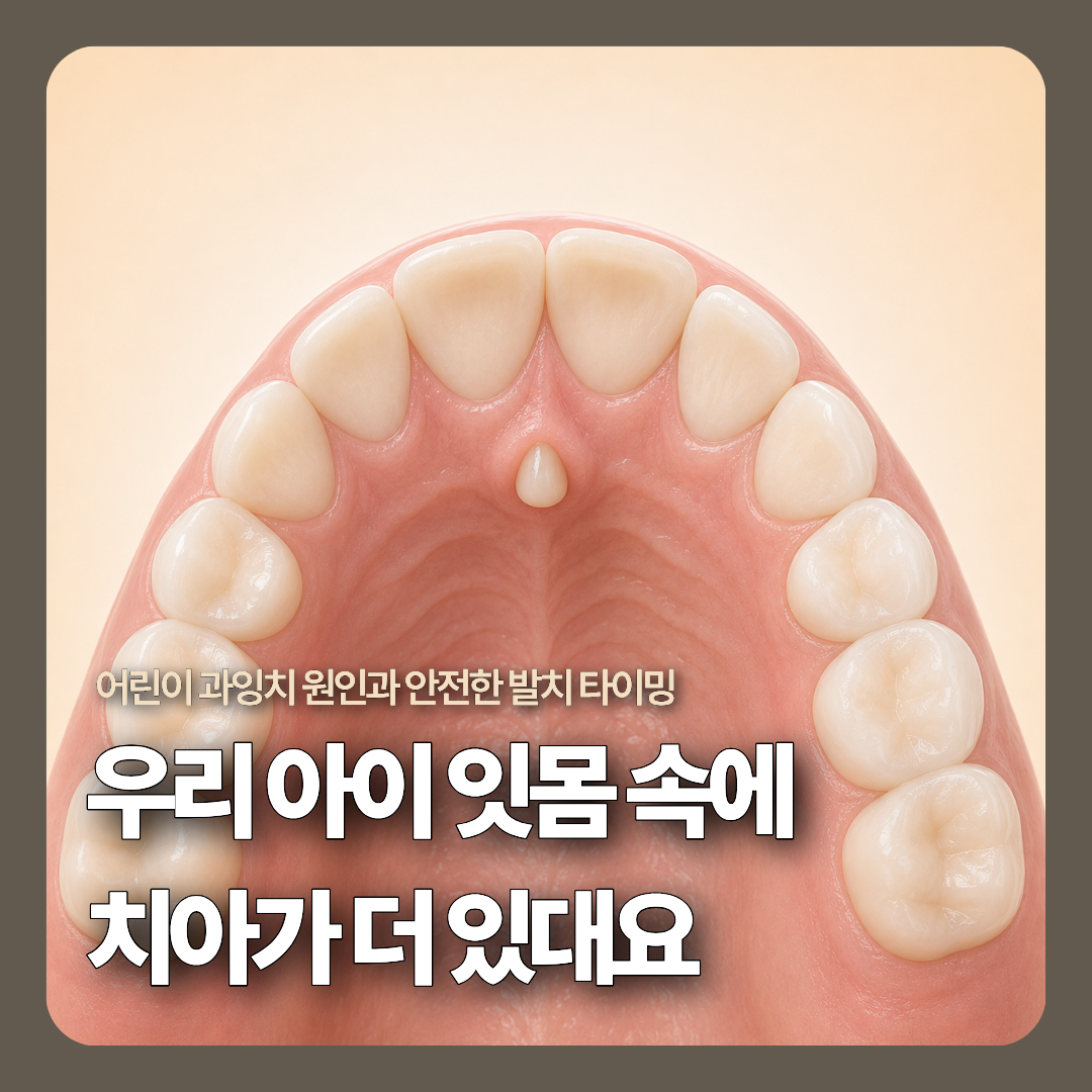 어린이 위쪽 앞니 잇몸 뼈 안쪽에 매복되어 영구치 나오는 길을 막고 있는 상악 정중 과잉치 위치를 나타낸 3D 메디컬 일러스트