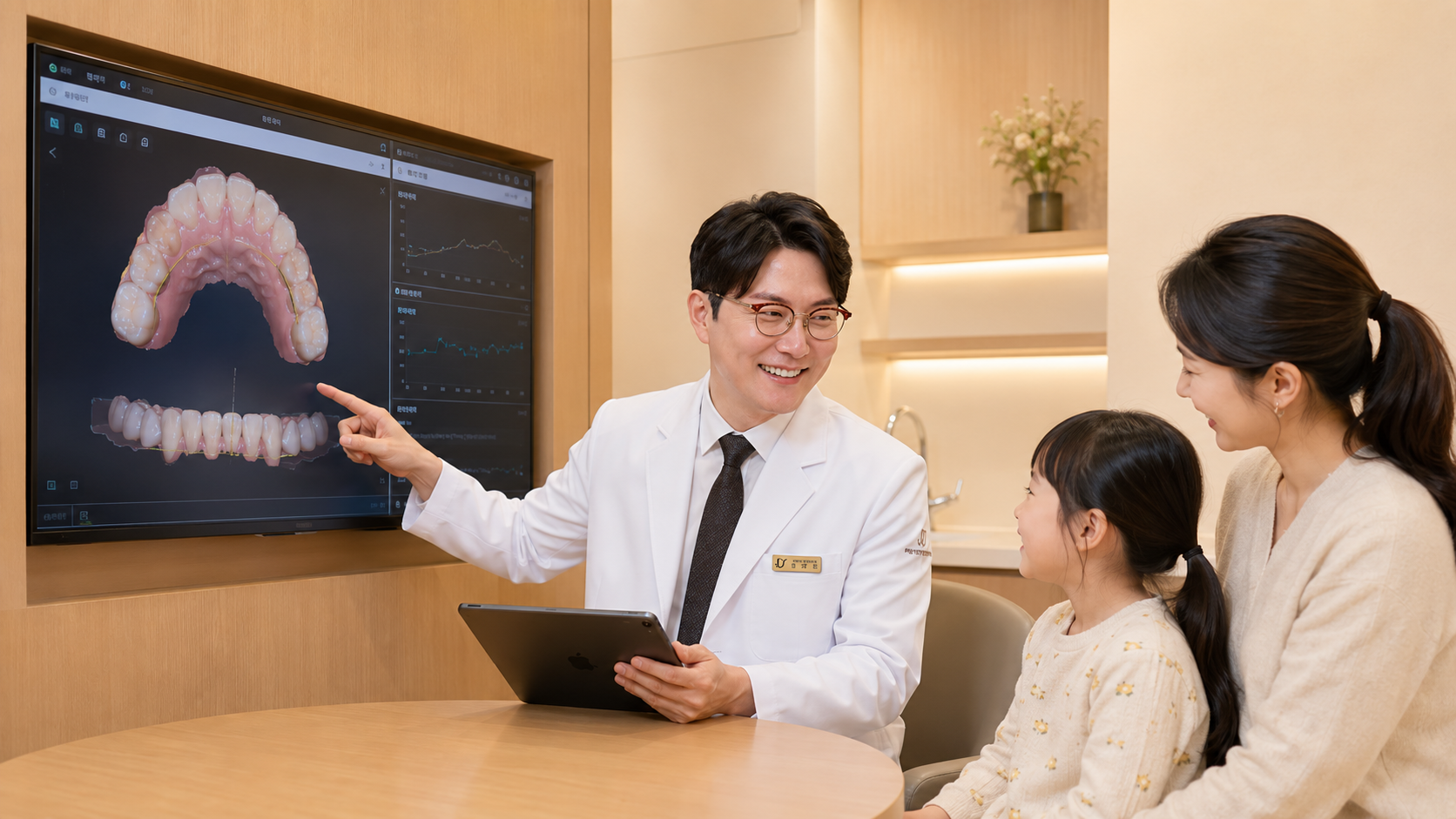인천 송도 디어스마일치과교정과의원 디지털 정밀 분석실에서 원장이 어린이 환자 및 보호자와 다정하게 눈을 맞추며 3D 얼굴 턱뼈 성장 예측 시뮬레이션 데이터를 친근하게 설명하는 모습