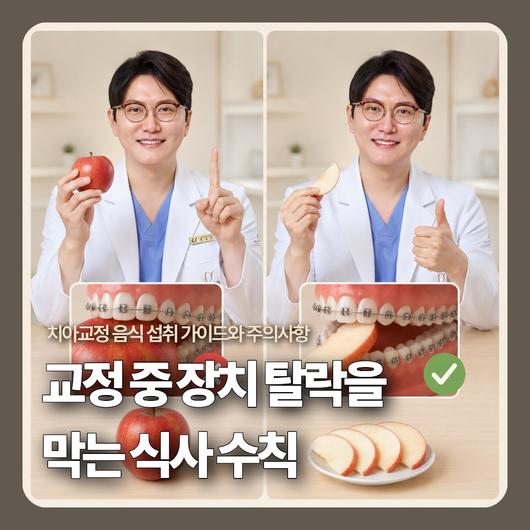 사과를 통째로 베어 물 때 브라켓에 가해지는 충격 위험과, 얇게 조각내어 어금니로 안전하게 섭취하는 올바른 교정 식사 방식을 비교한 2분할 3D 메디컬 일러스트