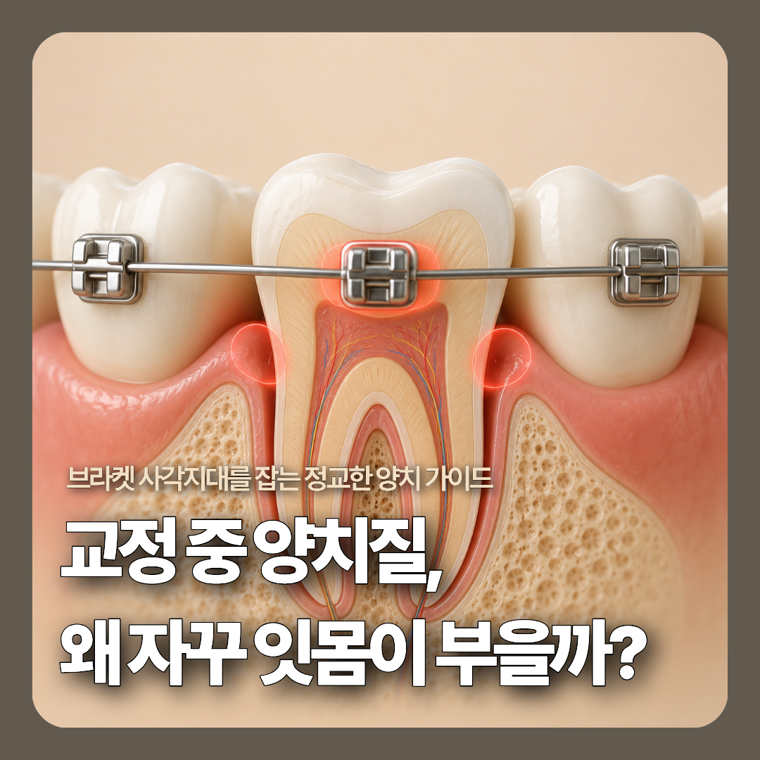 브라켓 장치와 와이어 주변에 일반 칫솔이 닿지 않는 사각지대(치은측 경계 및 와이어 하부)를 직관적인 3D 단면 일러스트로 보여주는 교육용 메디컬 그래픽