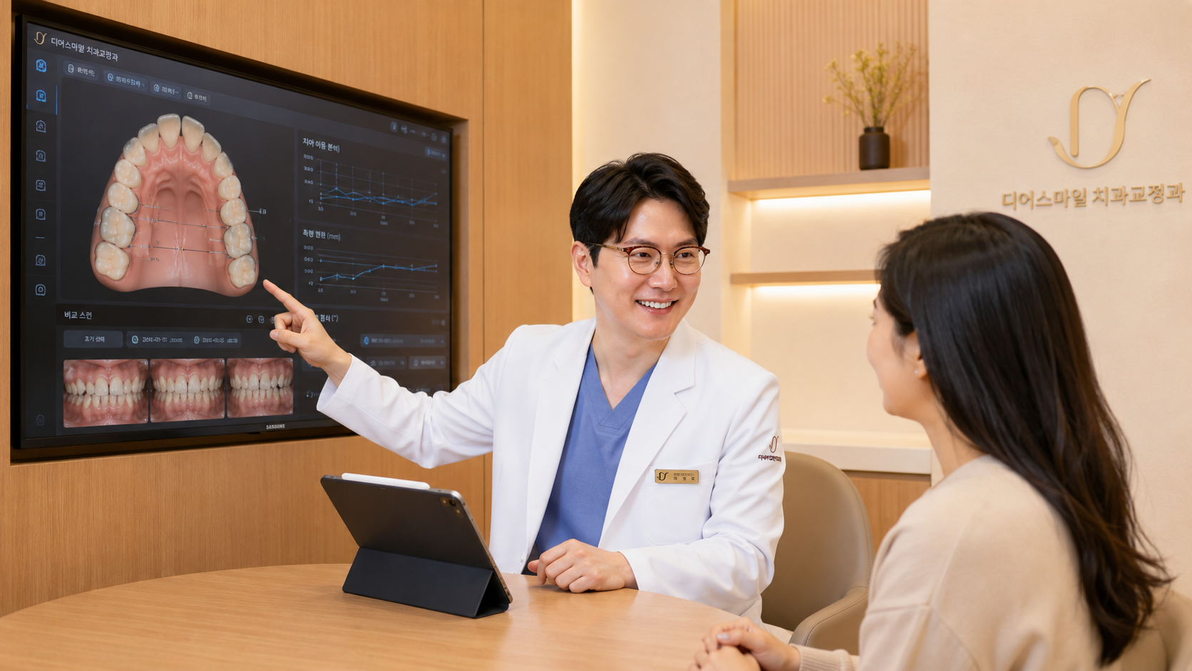 인천 송도 디어스마일치과교정과의원 디지털 정밀 분석실에서 원장이 환자와 다정하게 눈을 맞추며 3D 입천장 확장 예측 데이터를 모니터를 통해 친근하게 설명하고 안심시키는 모습