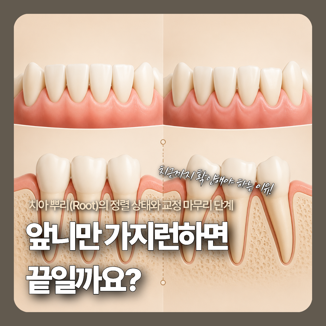 치아교정 시 겉으로 보이는 치아 머리뿐만 아니라 잇몸 뼈 속 치아 뿌리(치근)의 각도와 간격을 함께 조절하는 교정 마무리 과정을 보여주는 3D 메디컬 일러스트