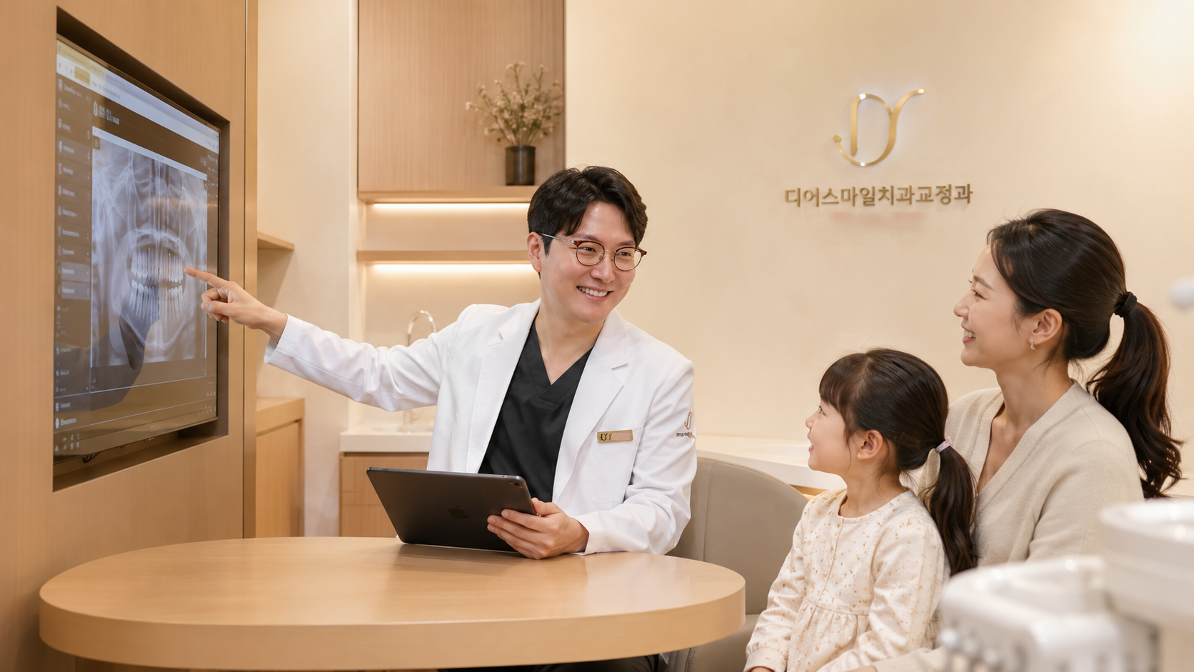 인천 송도 디어스마일치과교정과 진료실에서 원장이 어린이 환자와 다정하게 눈을 맞추며 파노라마 엑스레이 속 영구치 맹출 경로를 친근하게 설명하고 안심시키는 모습
