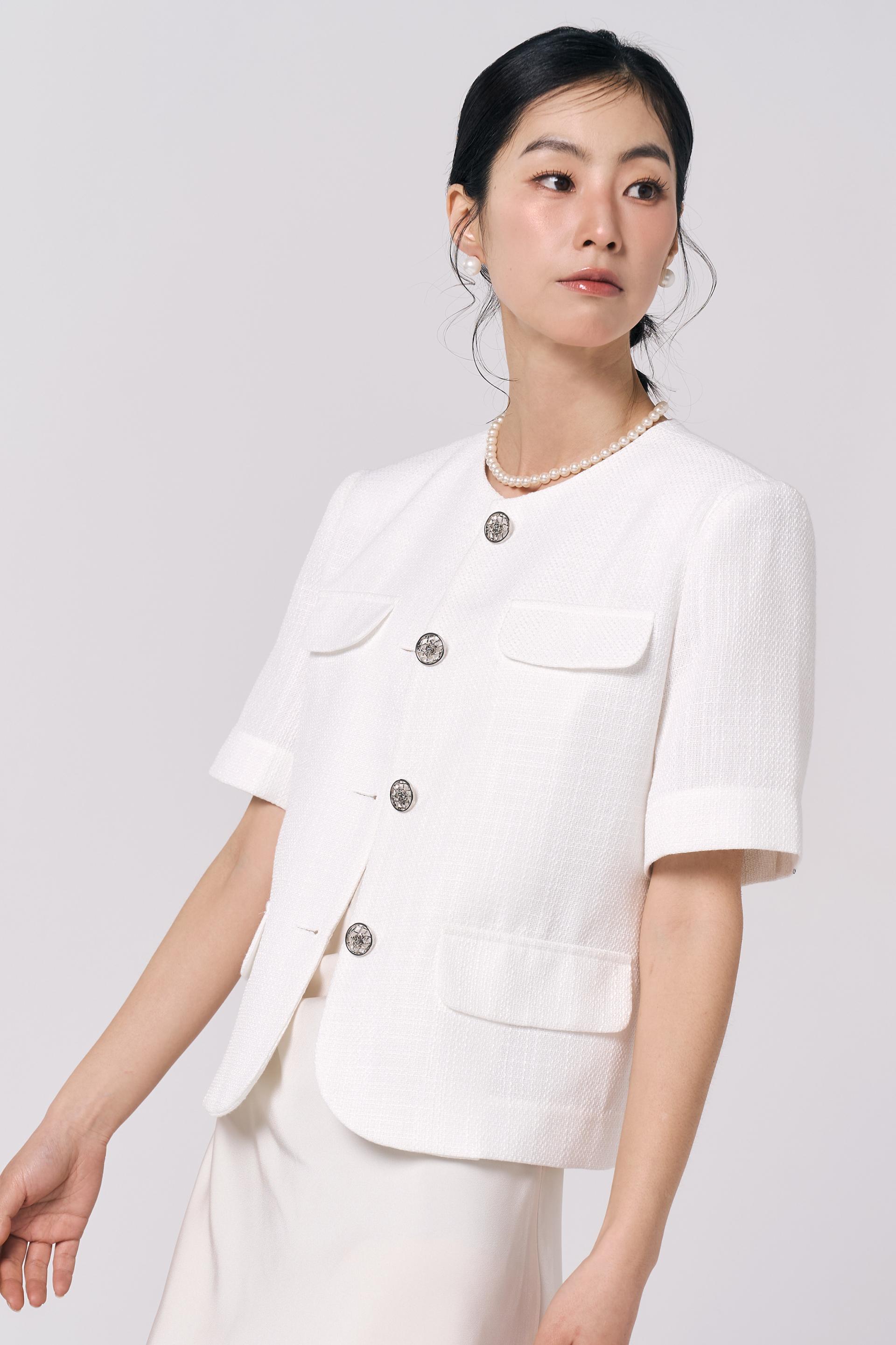 [LINEN] Tweed Short Sleeve Jacket (White)