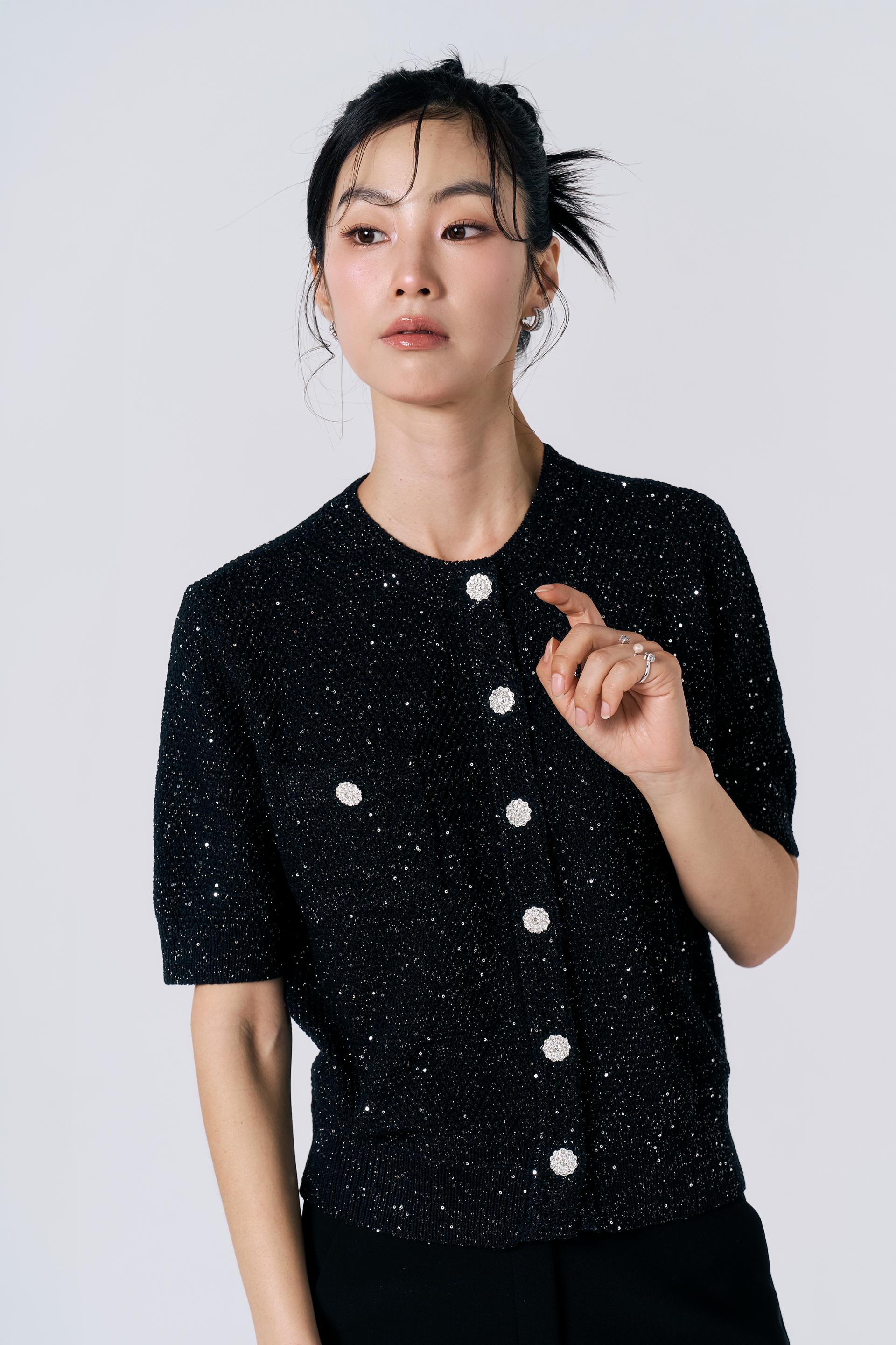 [KNIT] Tweed Sequin Cardigan (Black)