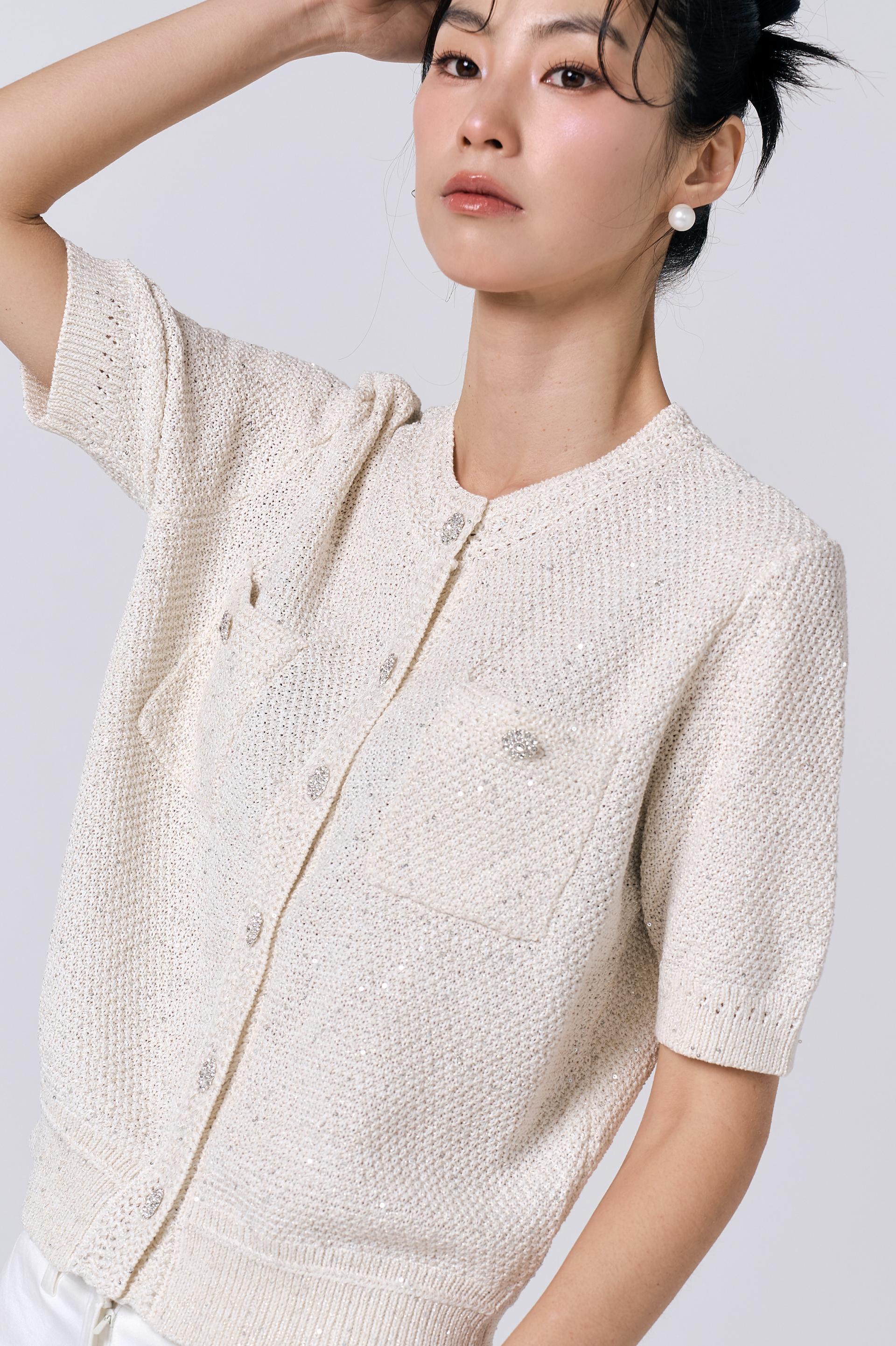 [KNIT] Tweed Sequin Cardigan (Ivory)